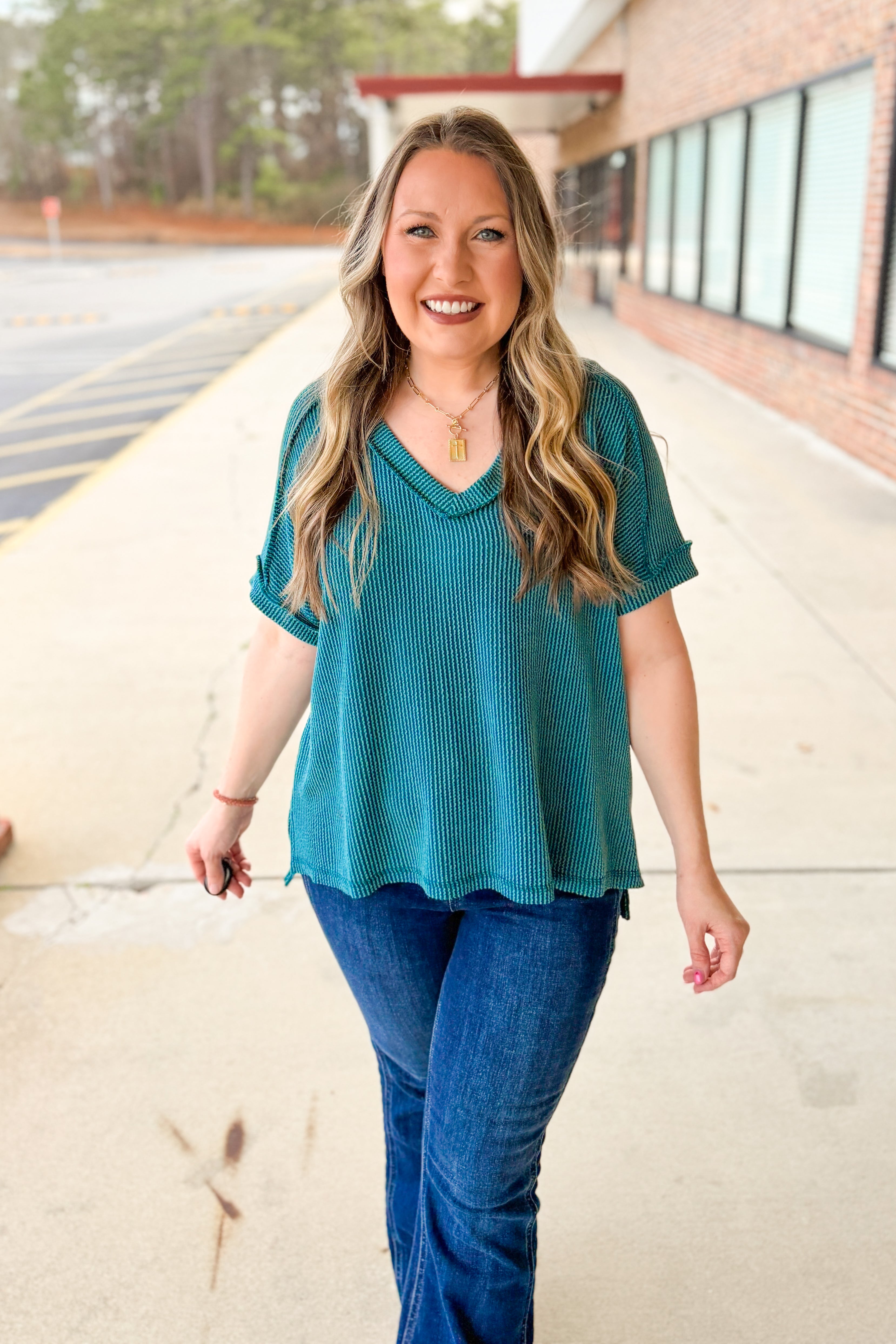 Teri V-Neck Ribbed Top, Teal