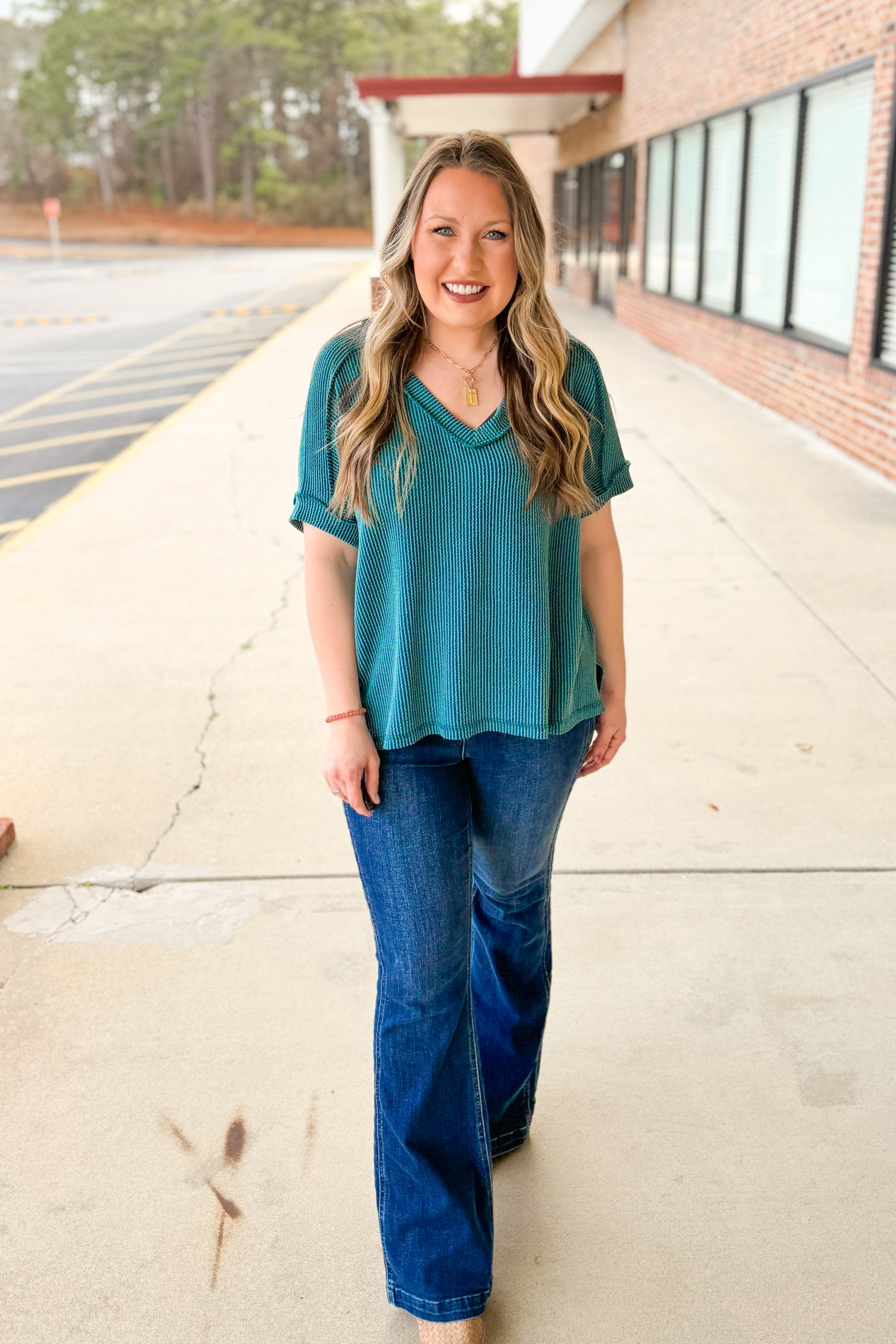 Teri V-Neck Ribbed Top, Teal