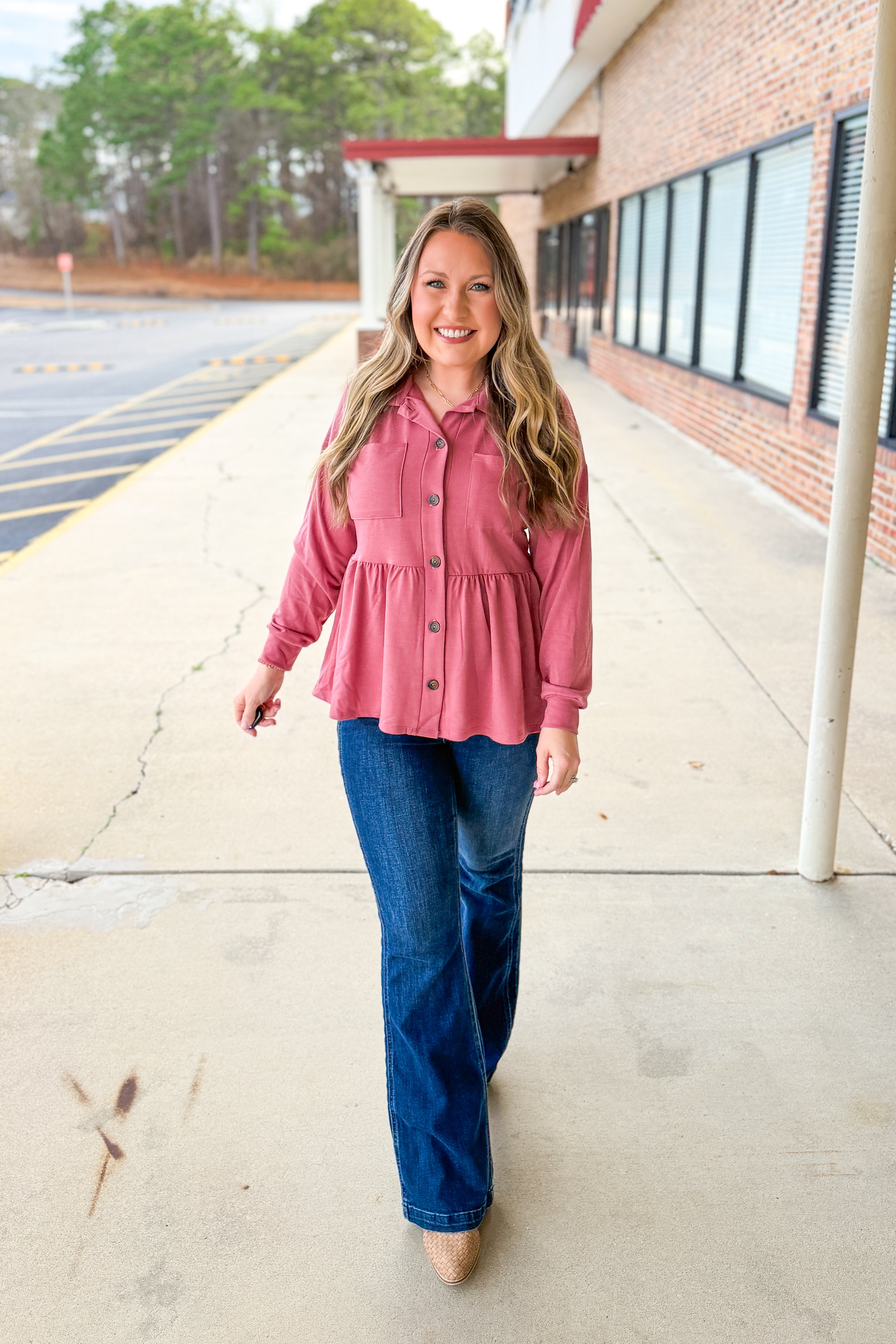 Make My Day Peplum Button Down Top, Dark Mauve