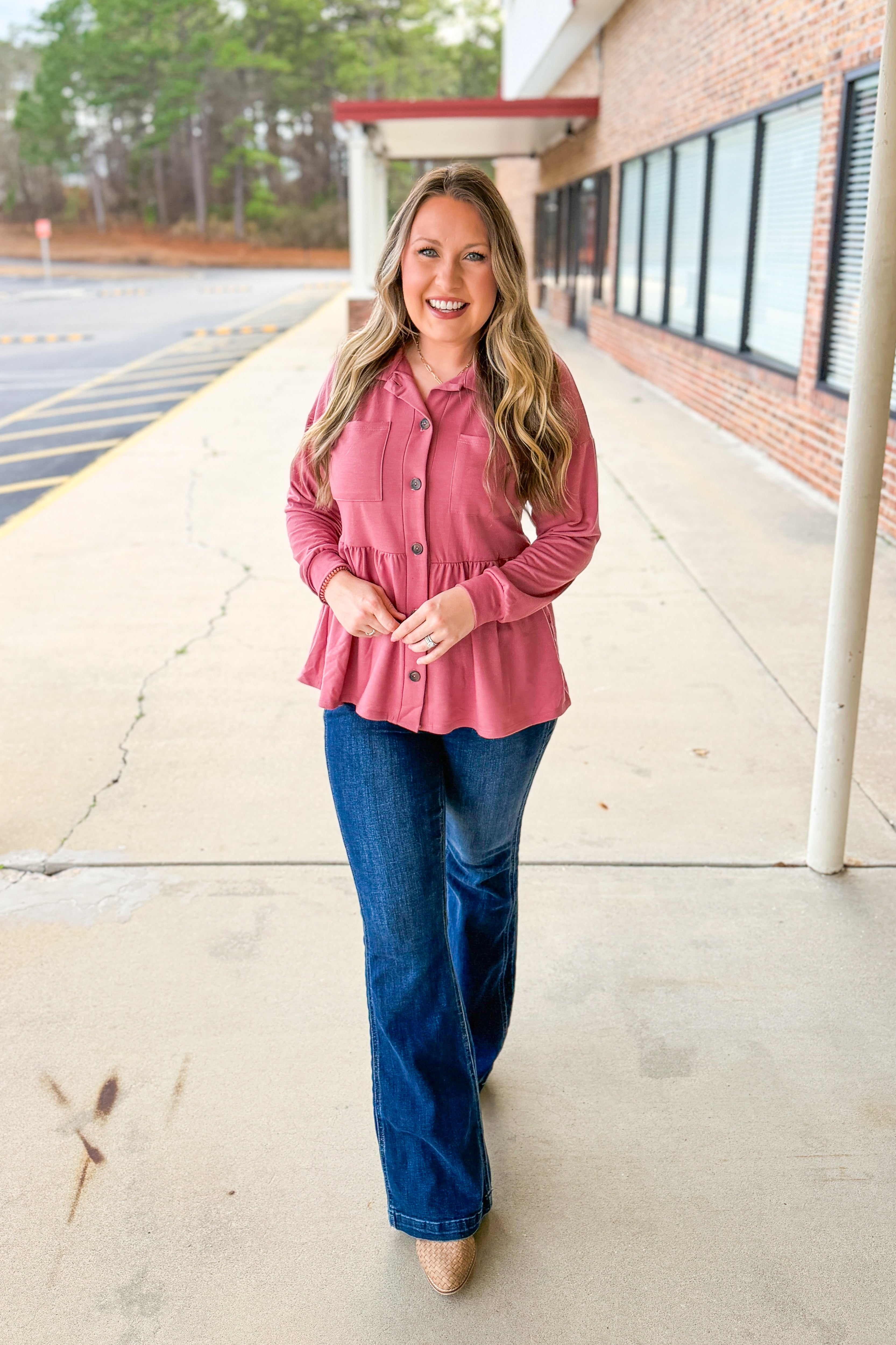 Make My Day Peplum Button Down Top, Dark Mauve