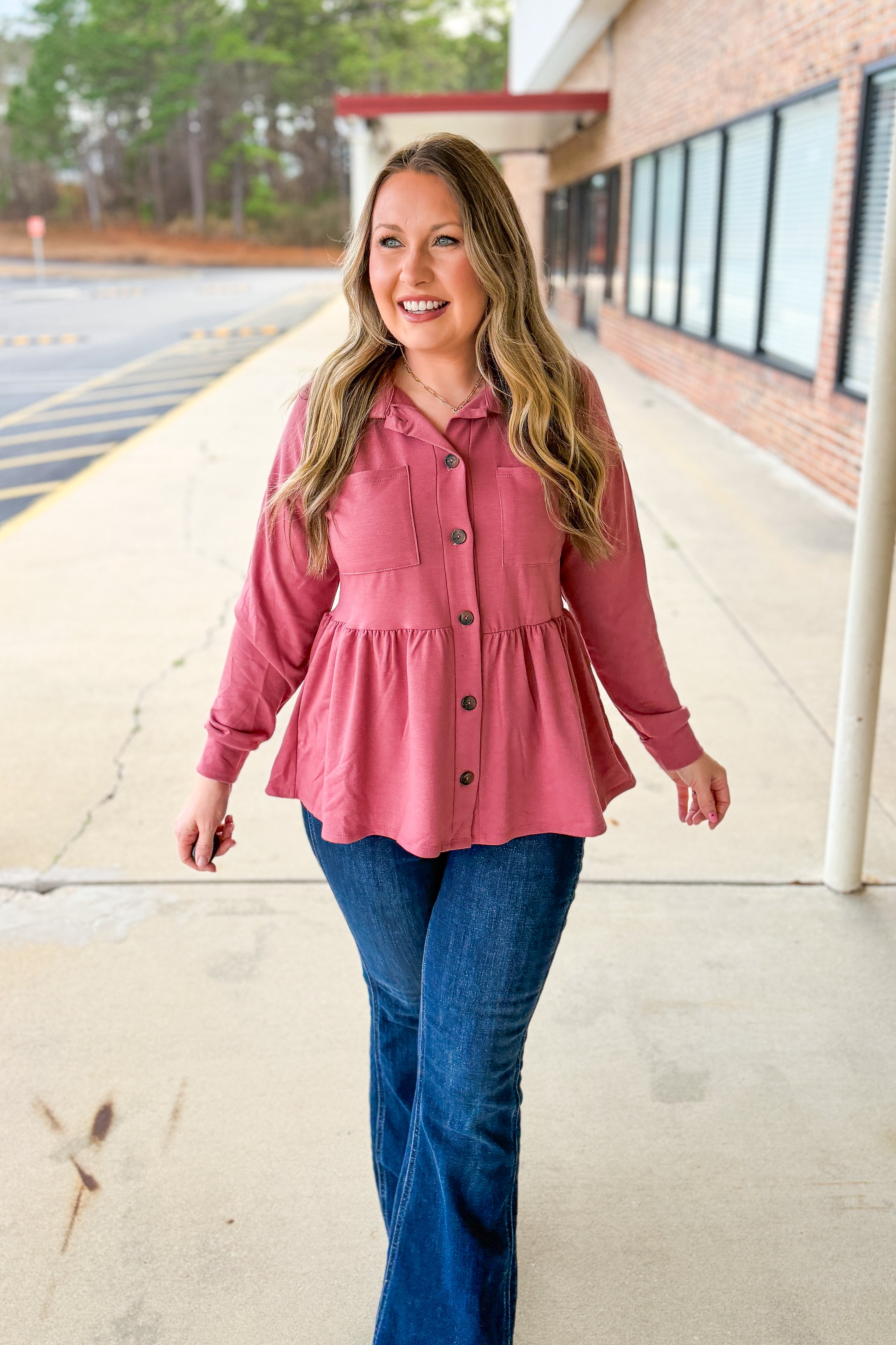 Make My Day Peplum Button Down Top, Dark Mauve