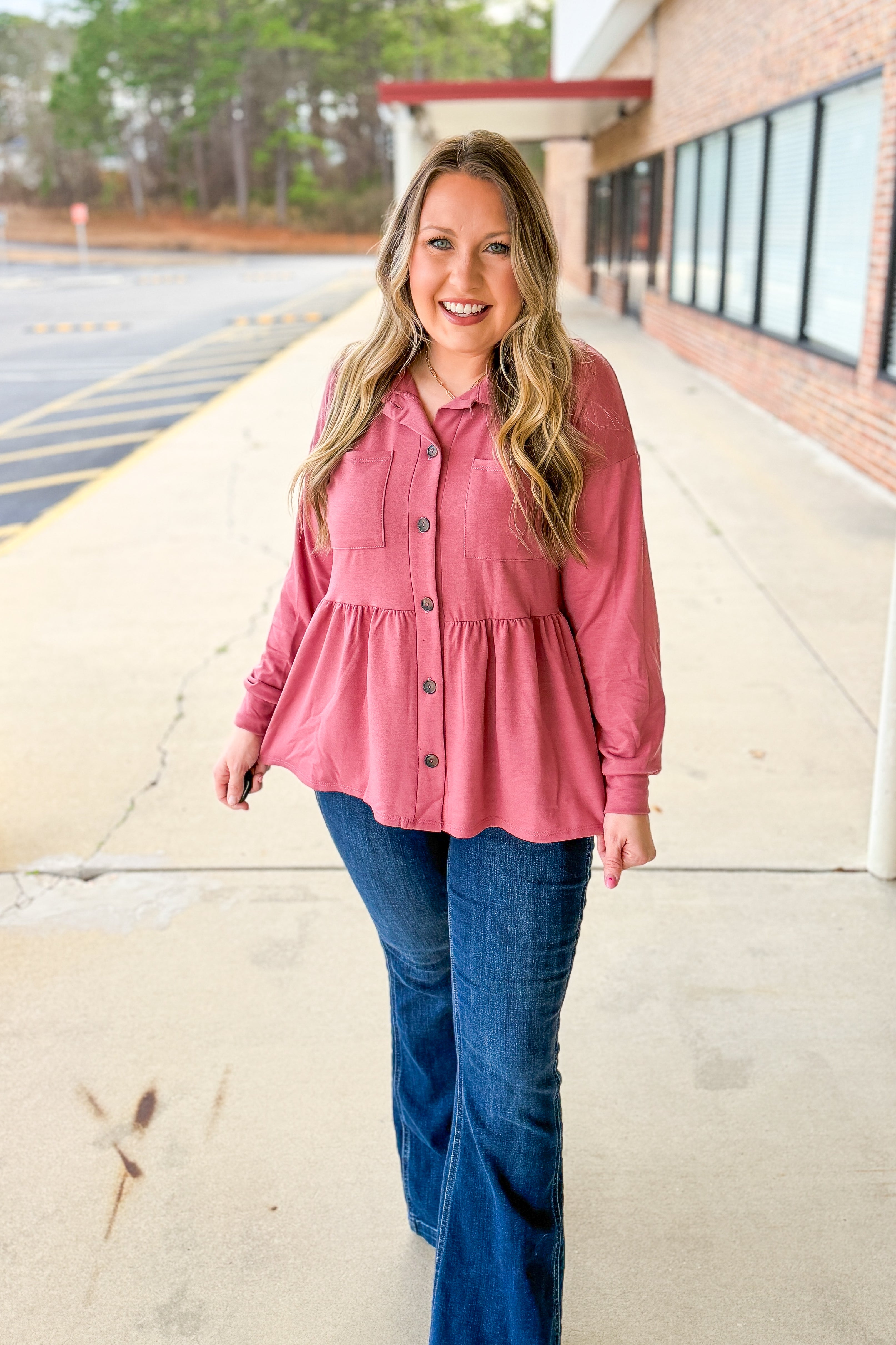 Make My Day Peplum Button Down Top, Dark Mauve