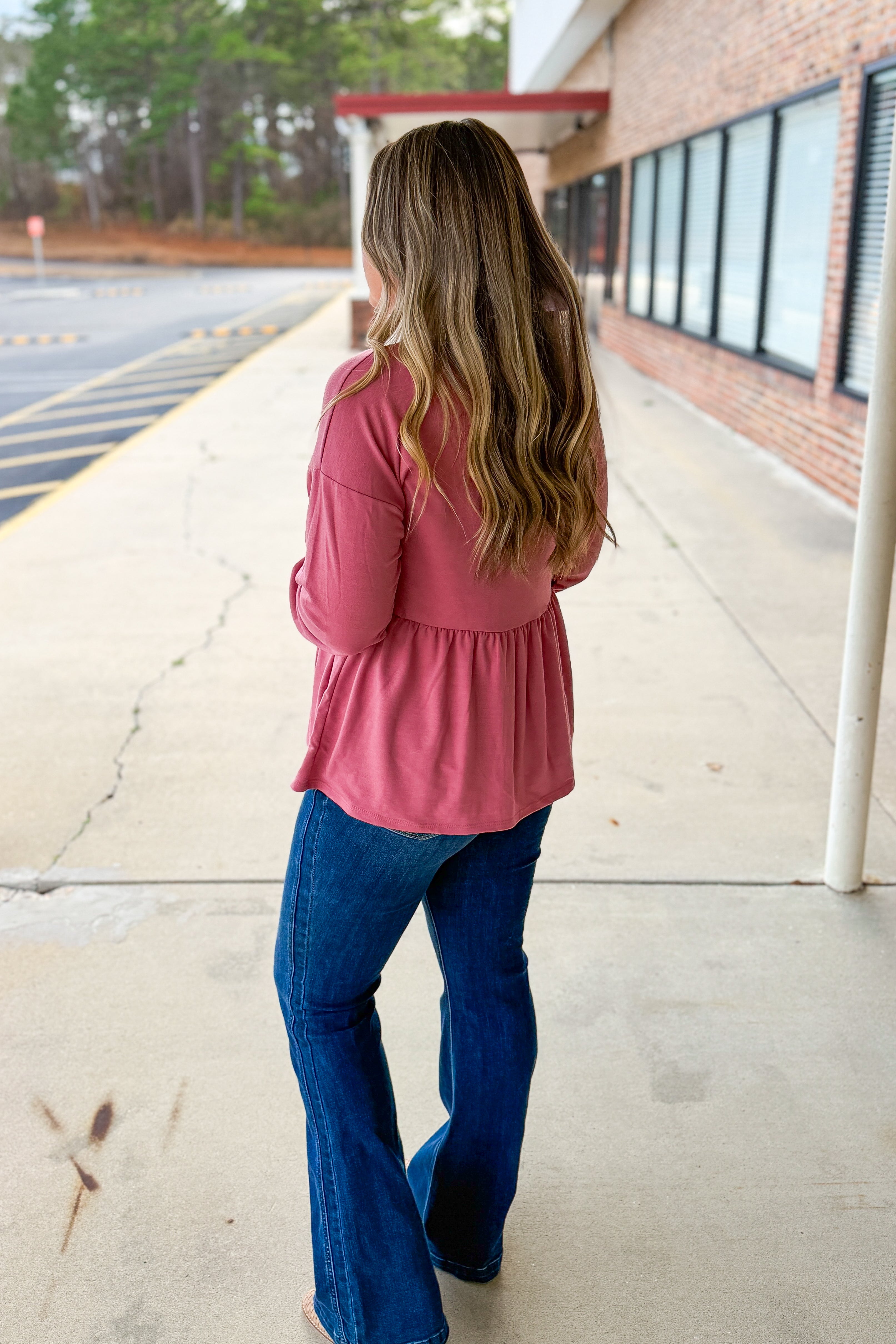 Make My Day Peplum Button Down Top, Dark Mauve