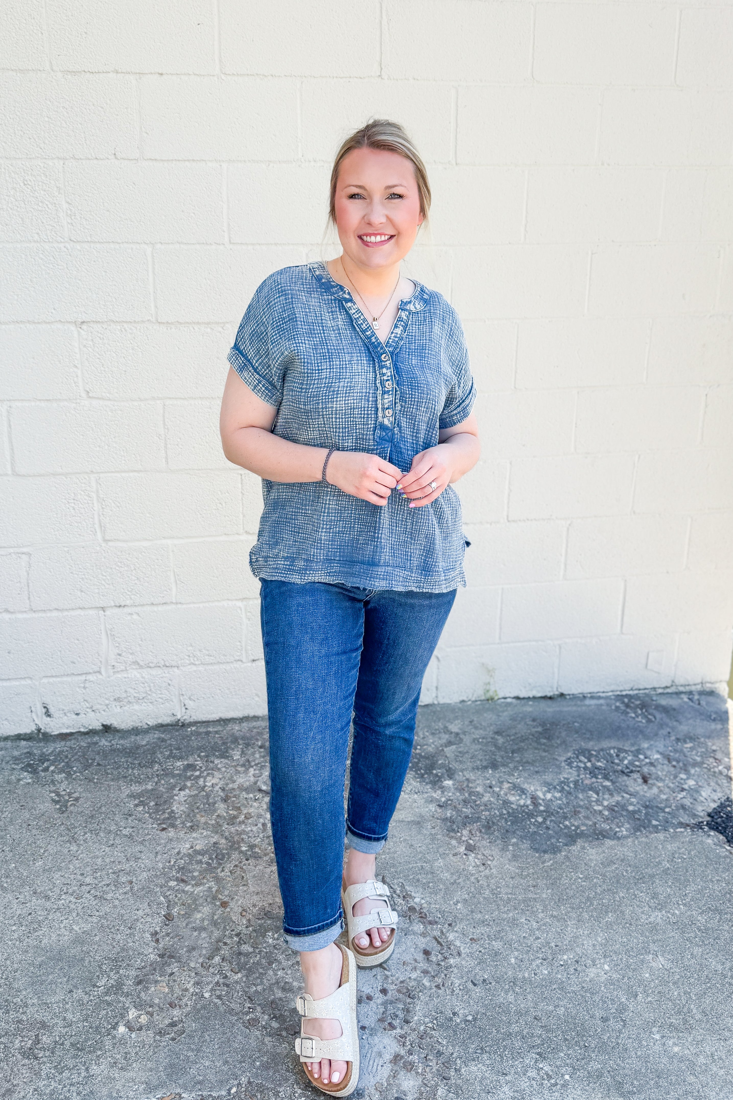 Miranda Gauze Button Henley Top, Dusty Blue