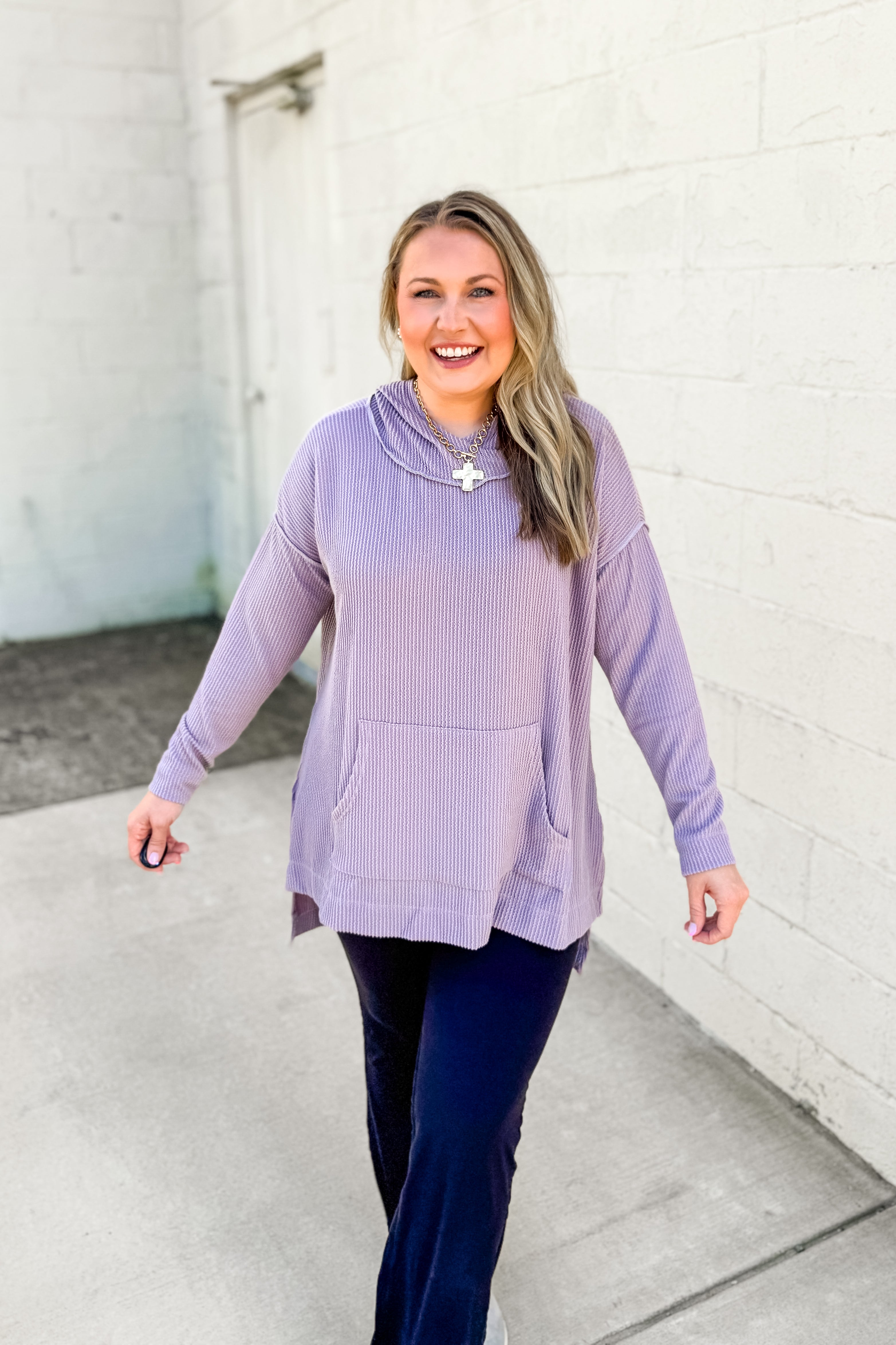 Everyday Ease Oversized Ribbed Hooded Top