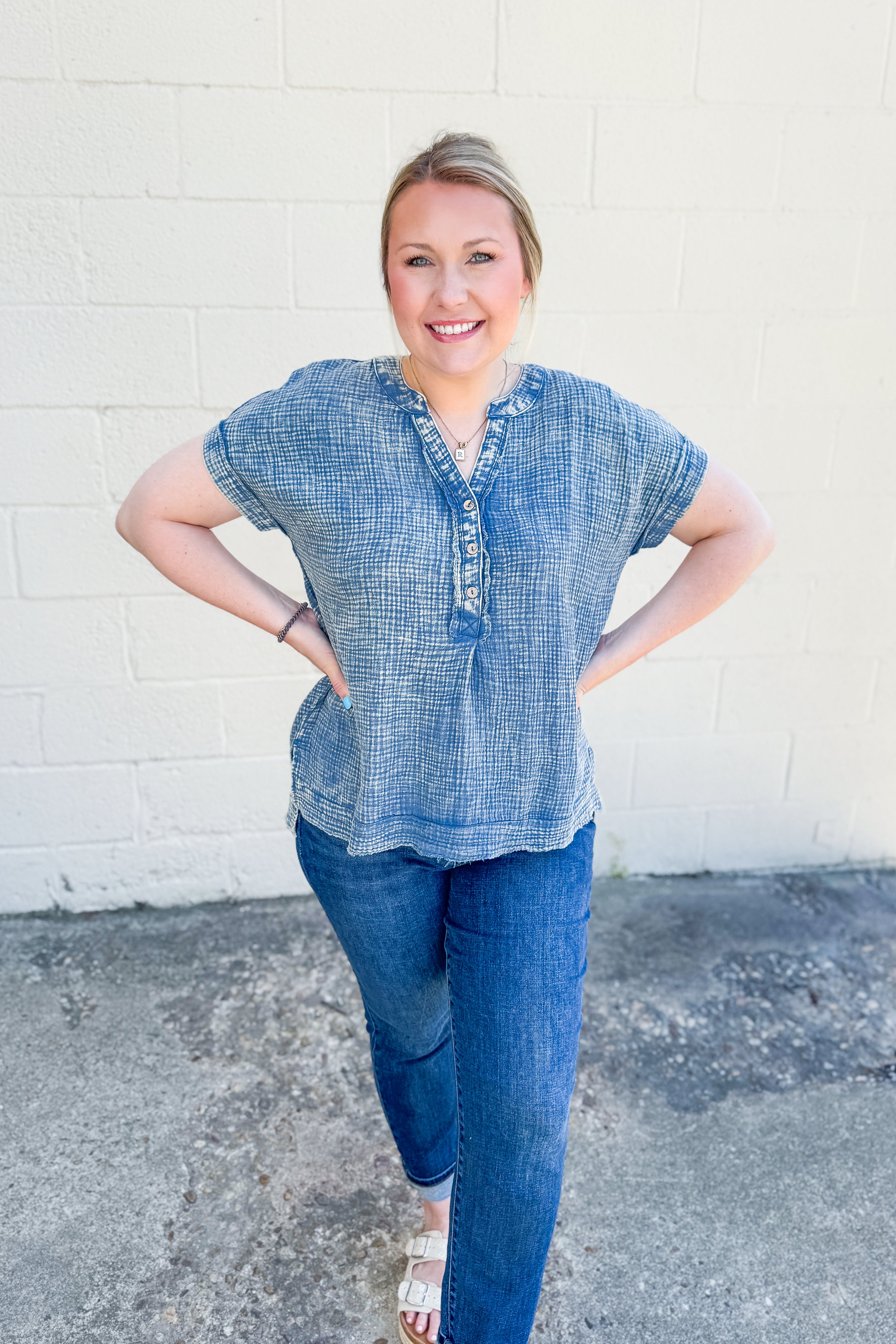 Miranda Gauze Button Henley Top, Dusty Blue