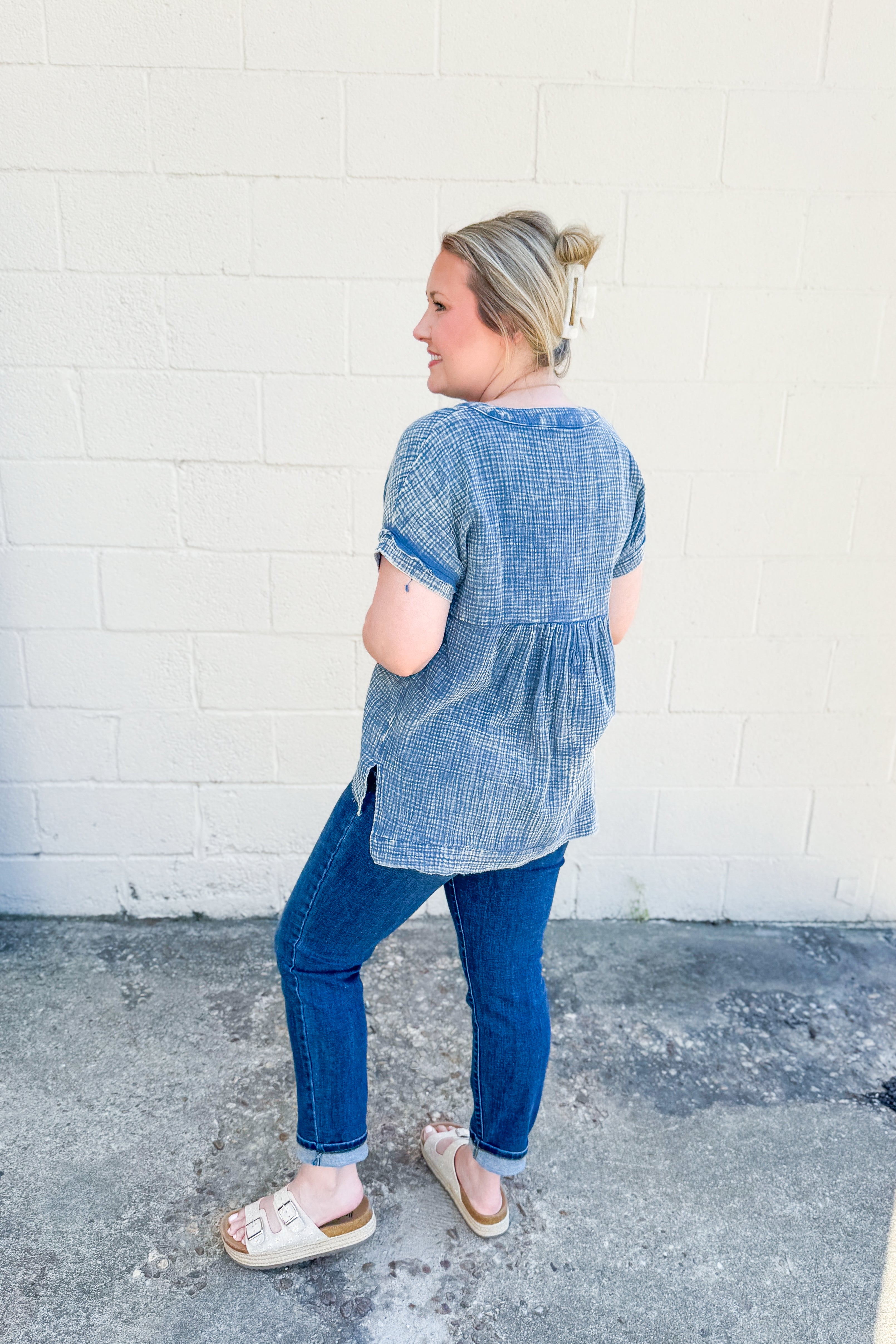 Miranda Gauze Button Henley Top, Dusty Blue