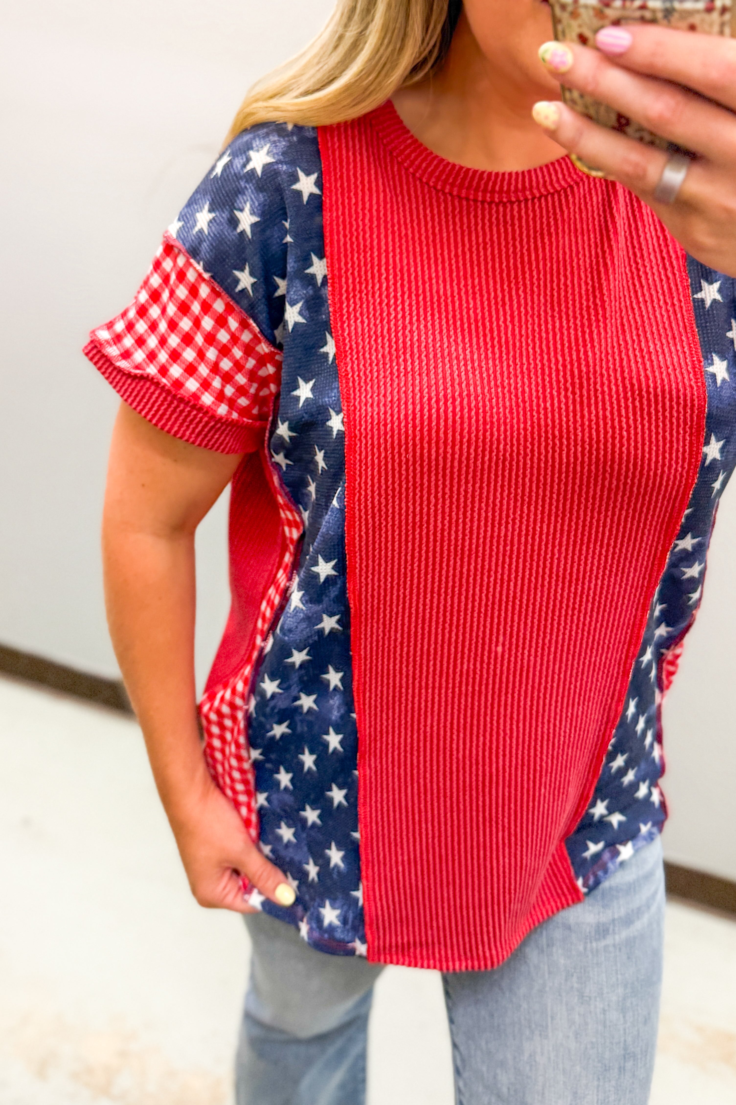 Stars & Gingham Colorblock Top
