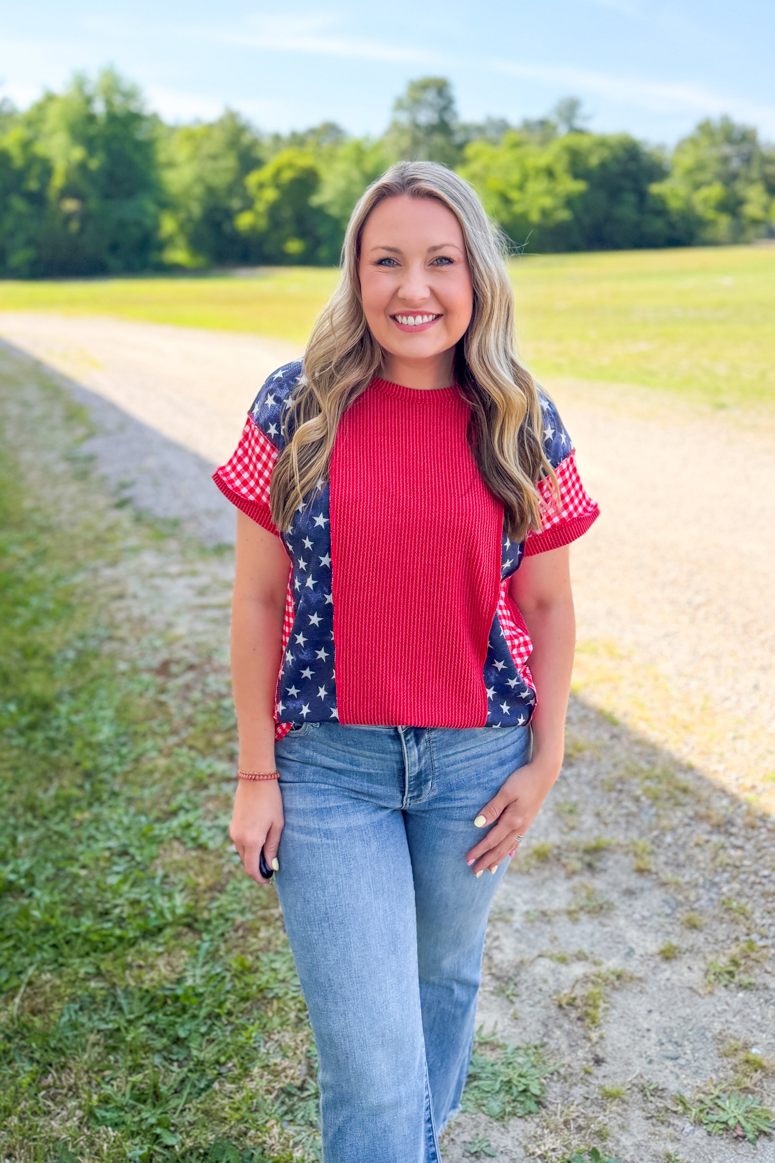 Stars & Gingham Colorblock Top