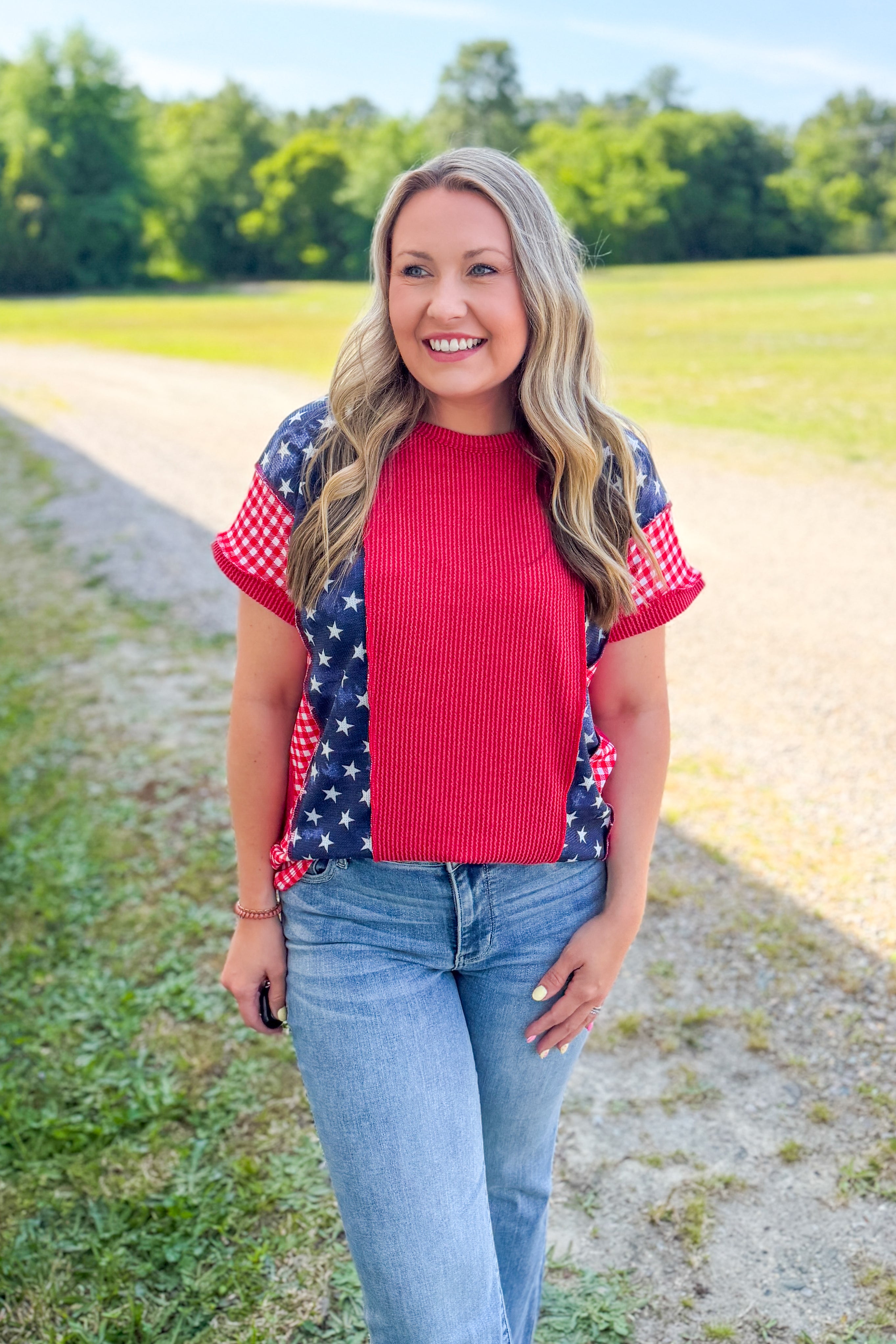 Stars & Gingham Colorblock Top