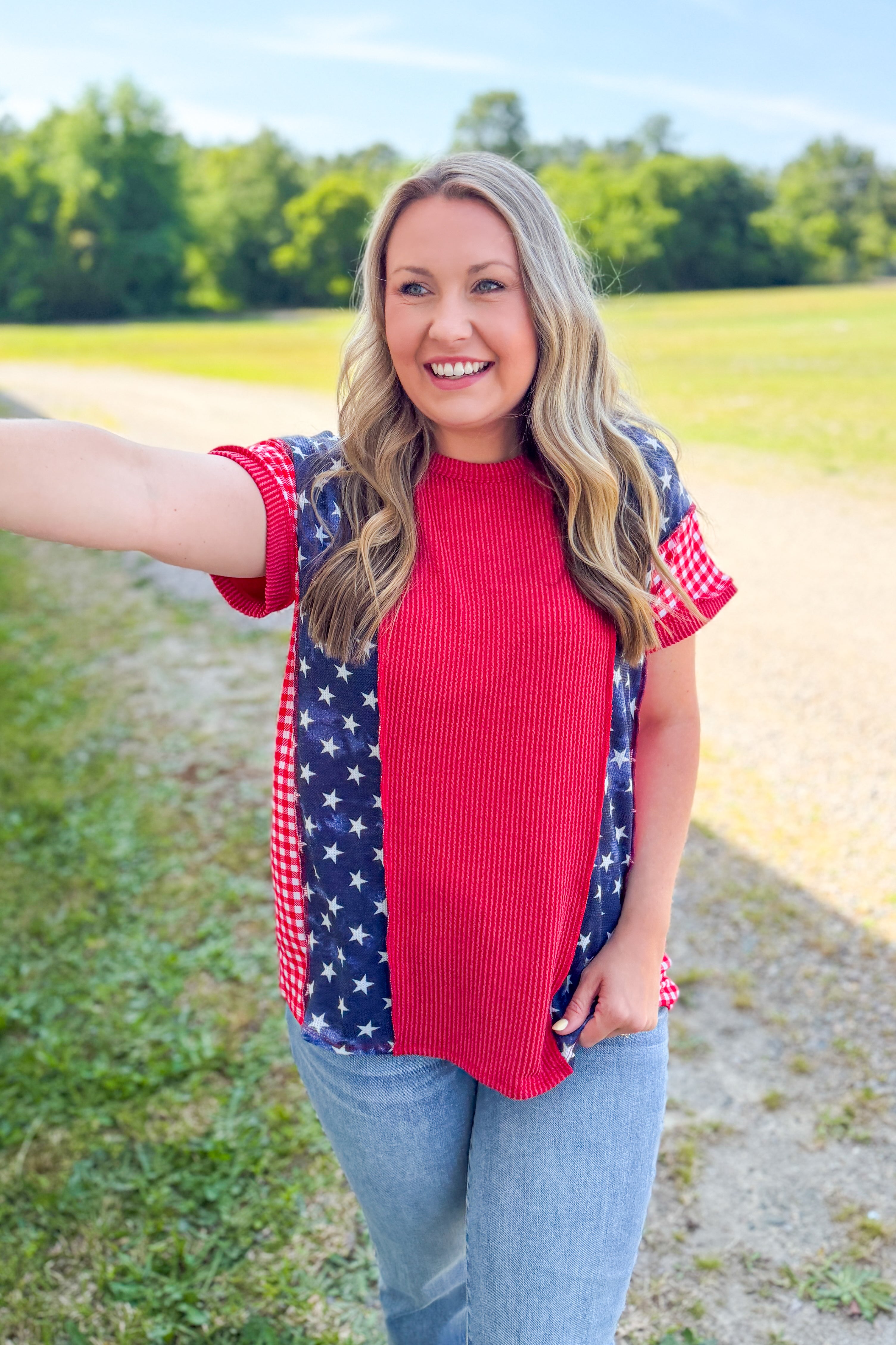 Stars & Gingham Colorblock Top