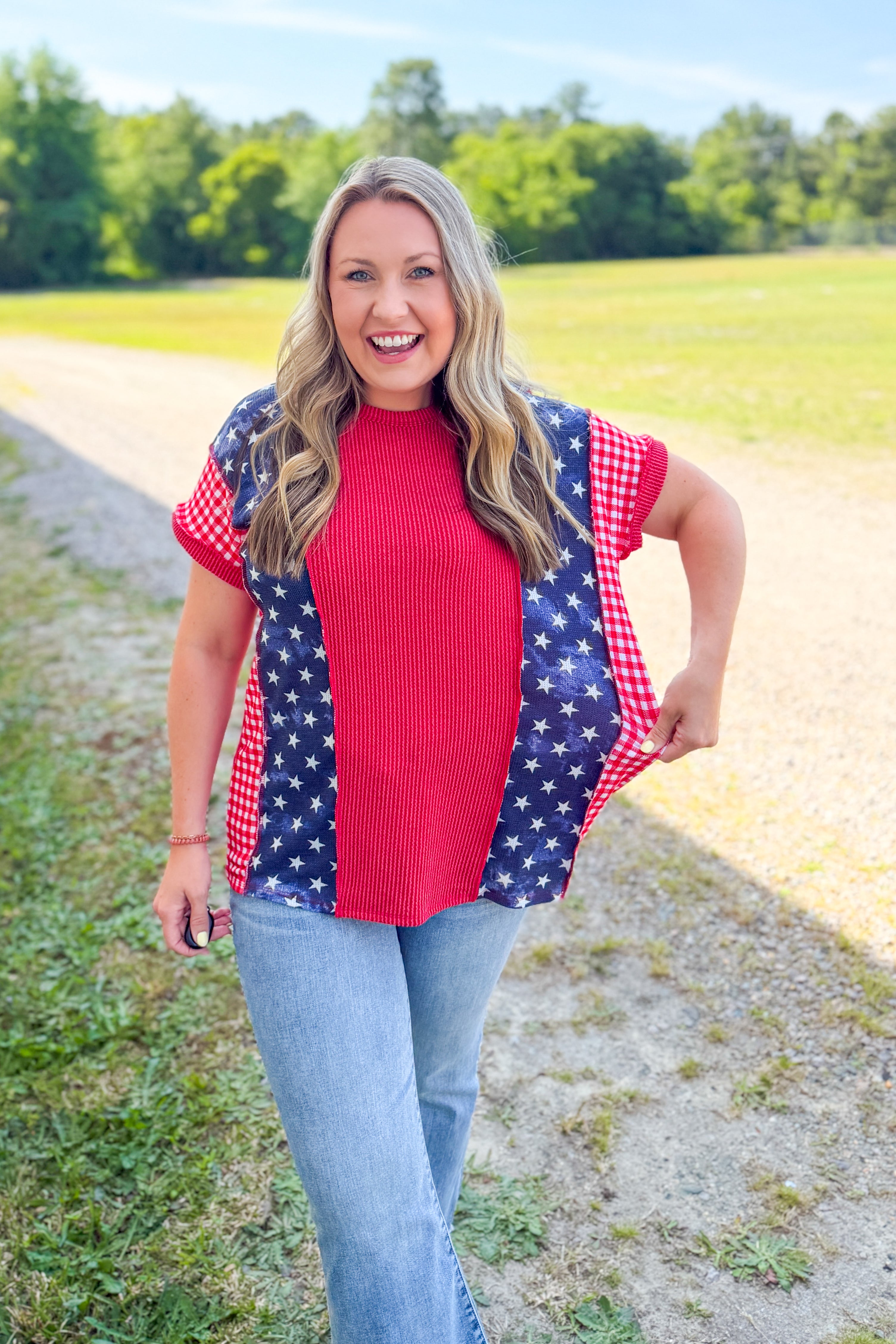 Stars & Gingham Colorblock Top