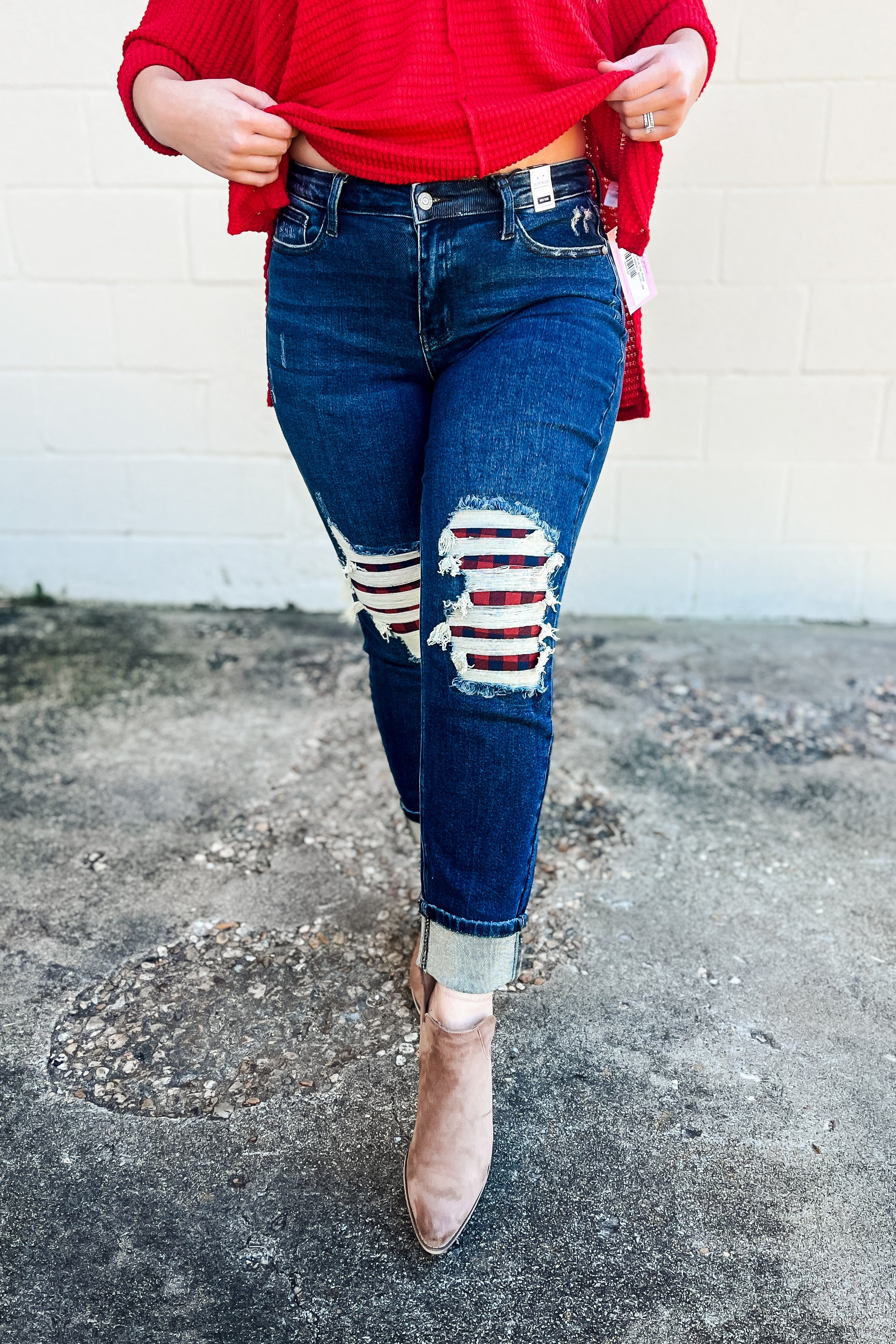 Judy Blue Mid Rise Boyfriend Buffalo Plaid Knee Cuff Jeans