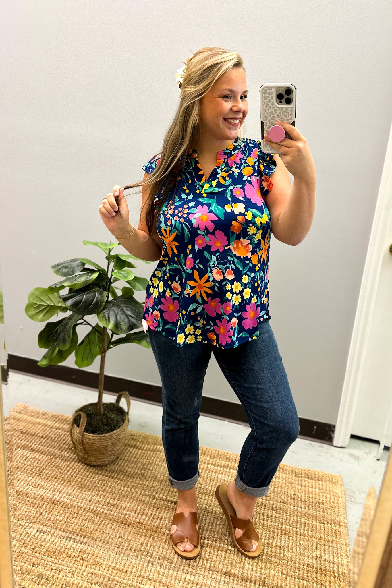 Playful Petals Floral Top, Navy