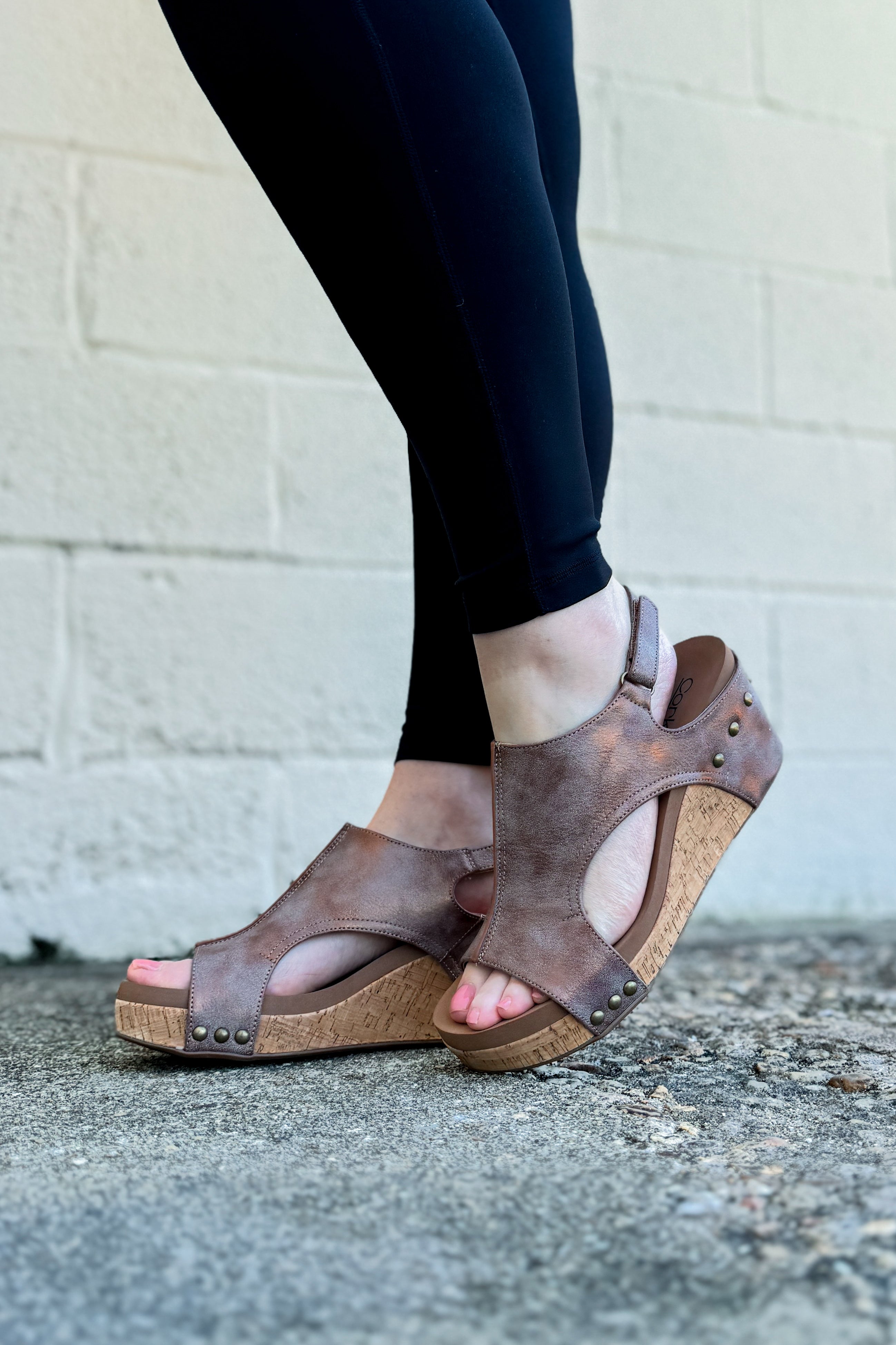 Corkys Carley Wedge Sandals, Washed Bronze Metallic