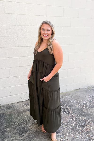 Olivia Tiered Maxi Dress, Dark Olive