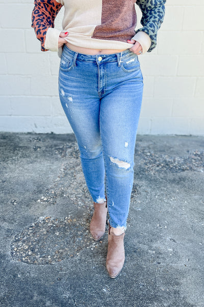 Risen Cora Distressed Mid-Rise Skinny Jeans