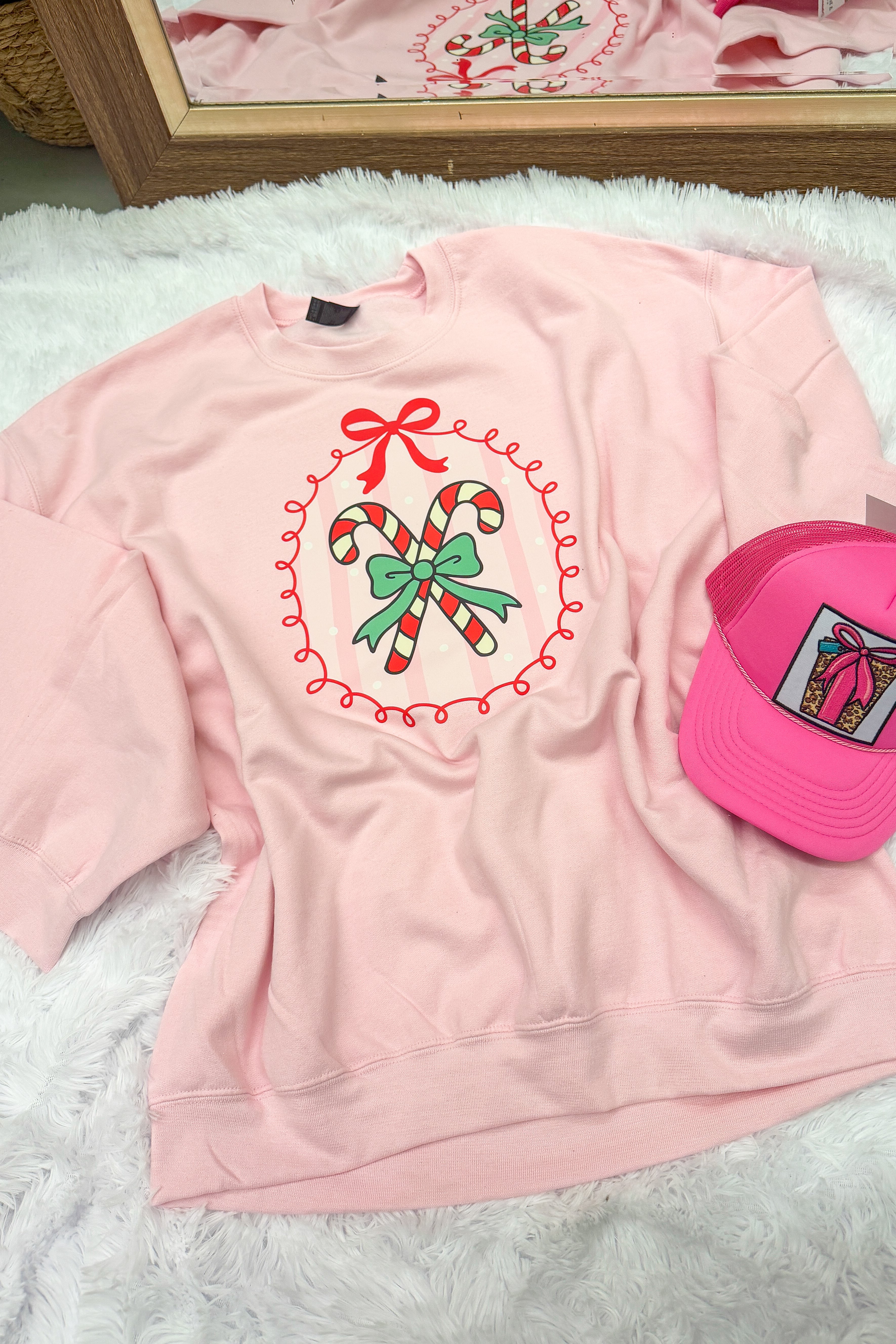 PREORDER: Candy Cane Bow Frame Sweatshirt, Light Pink