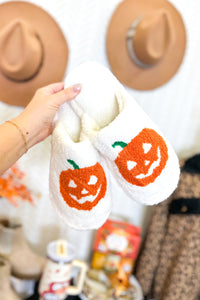 Plush Jack O Lantern Halloween Slide On Slippers, White
