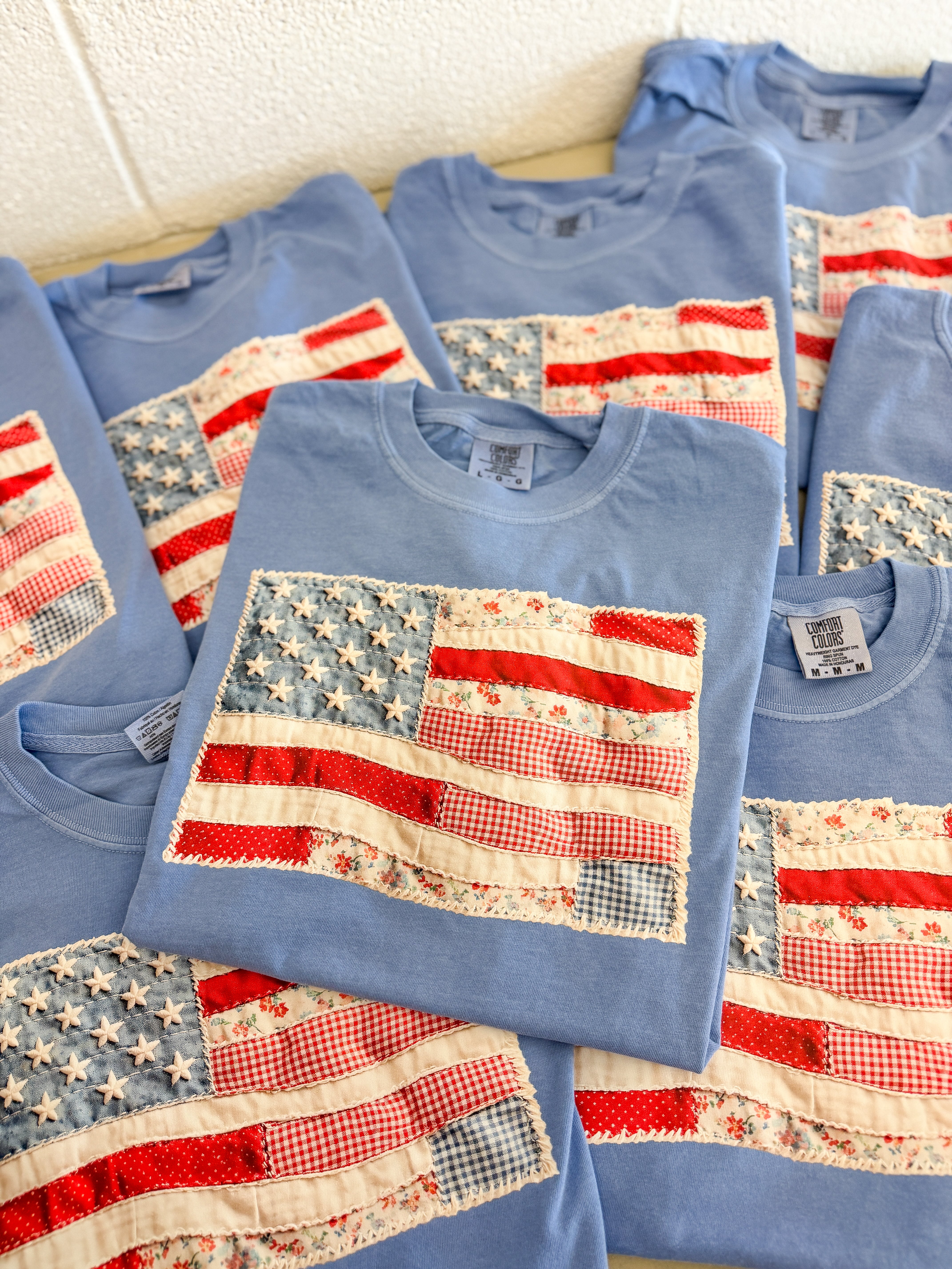 PREORDER: Faux Patchwork Flag Graphic Tee, Washed Denim