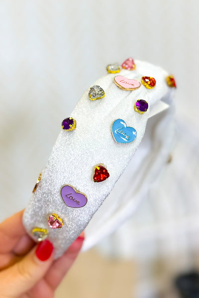 Knotted Velour Headband With Rhinestone Hearts and "Love" Heart Details, White