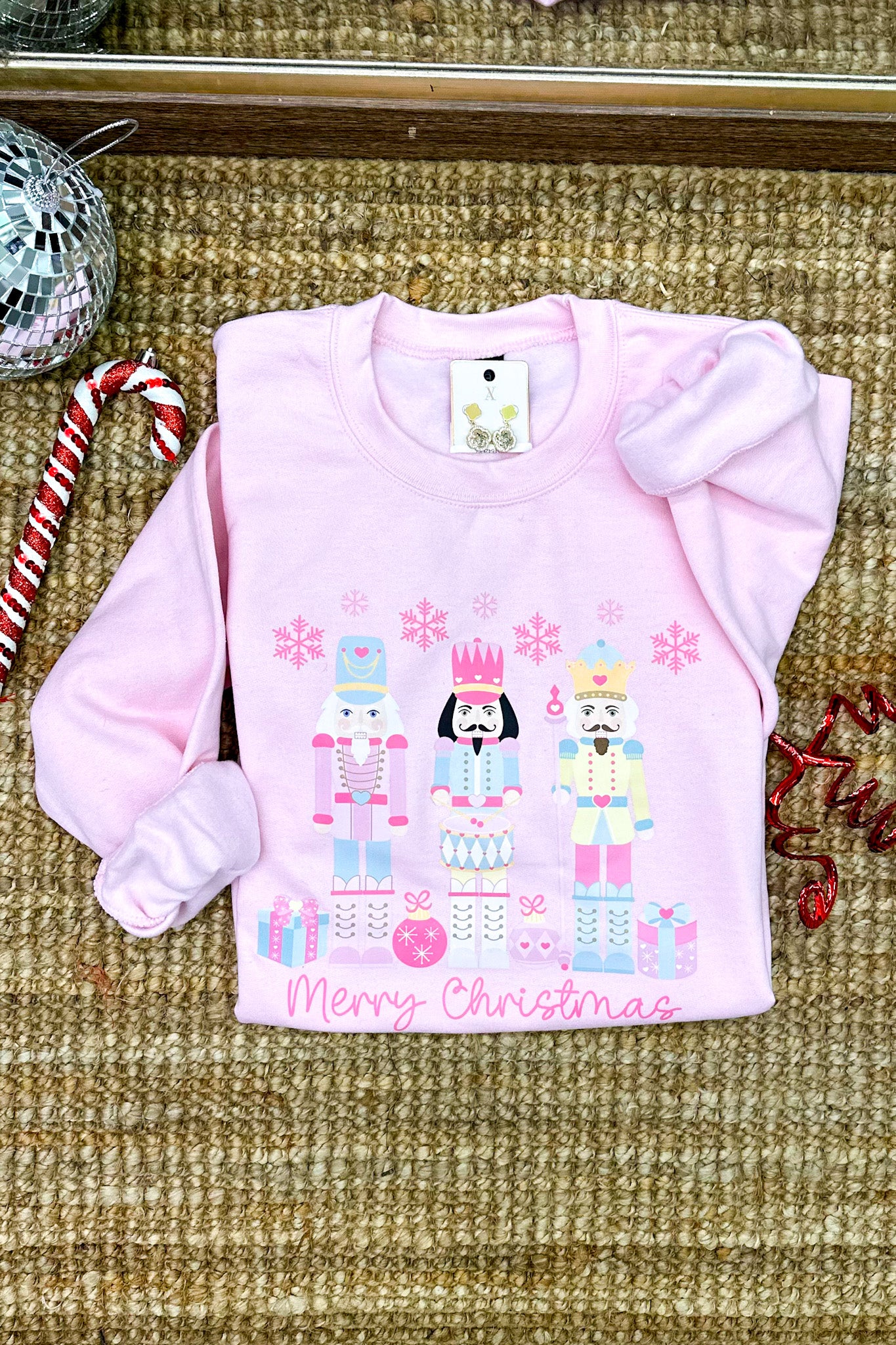 Nutcracker Merry Christmas Crewneck Sweater, Light Pink