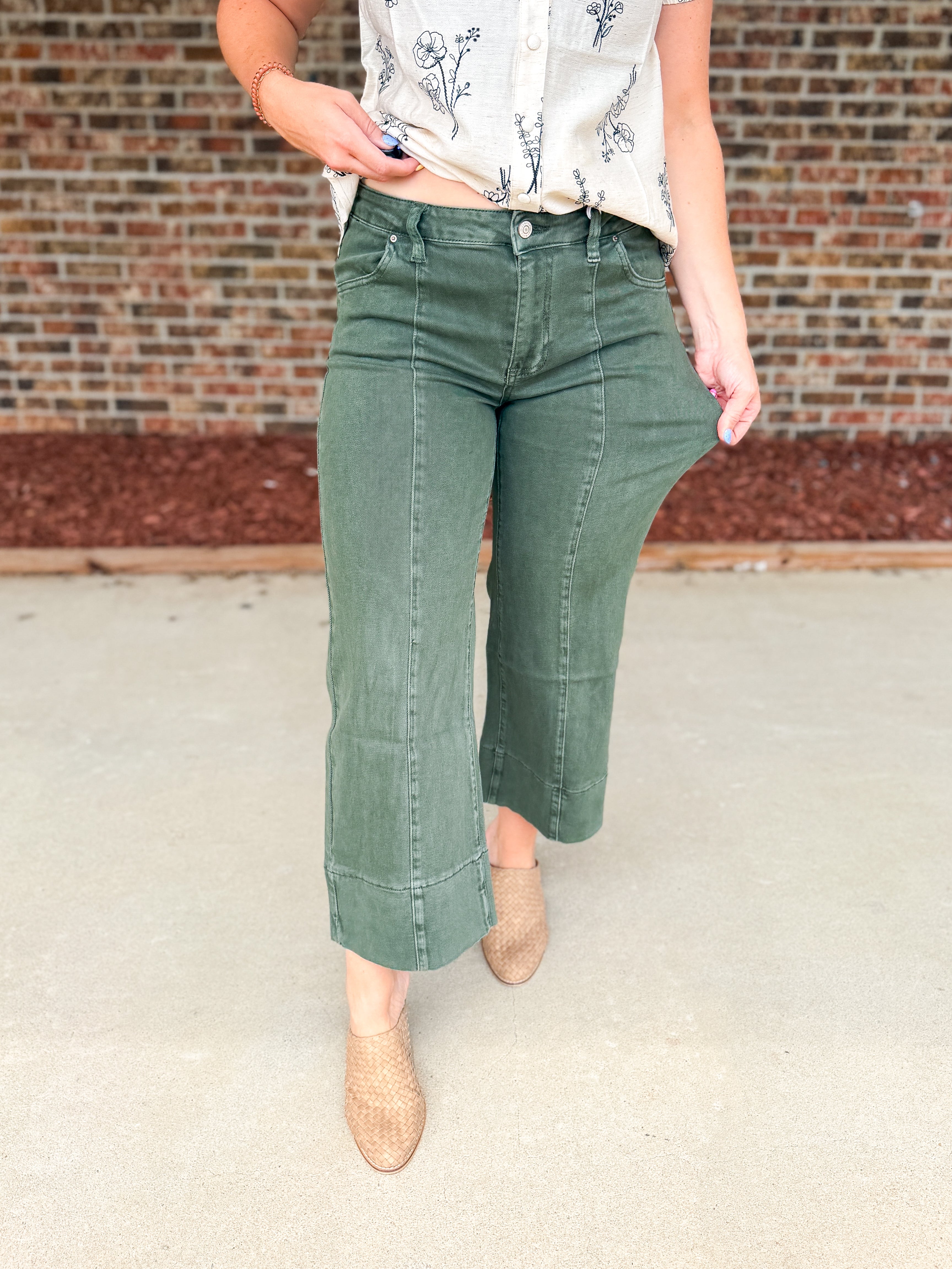 パンツ yard sale half denim green Zenana Mid Rise Wide Leg Color Denim Pants, Dark Olive | Sew