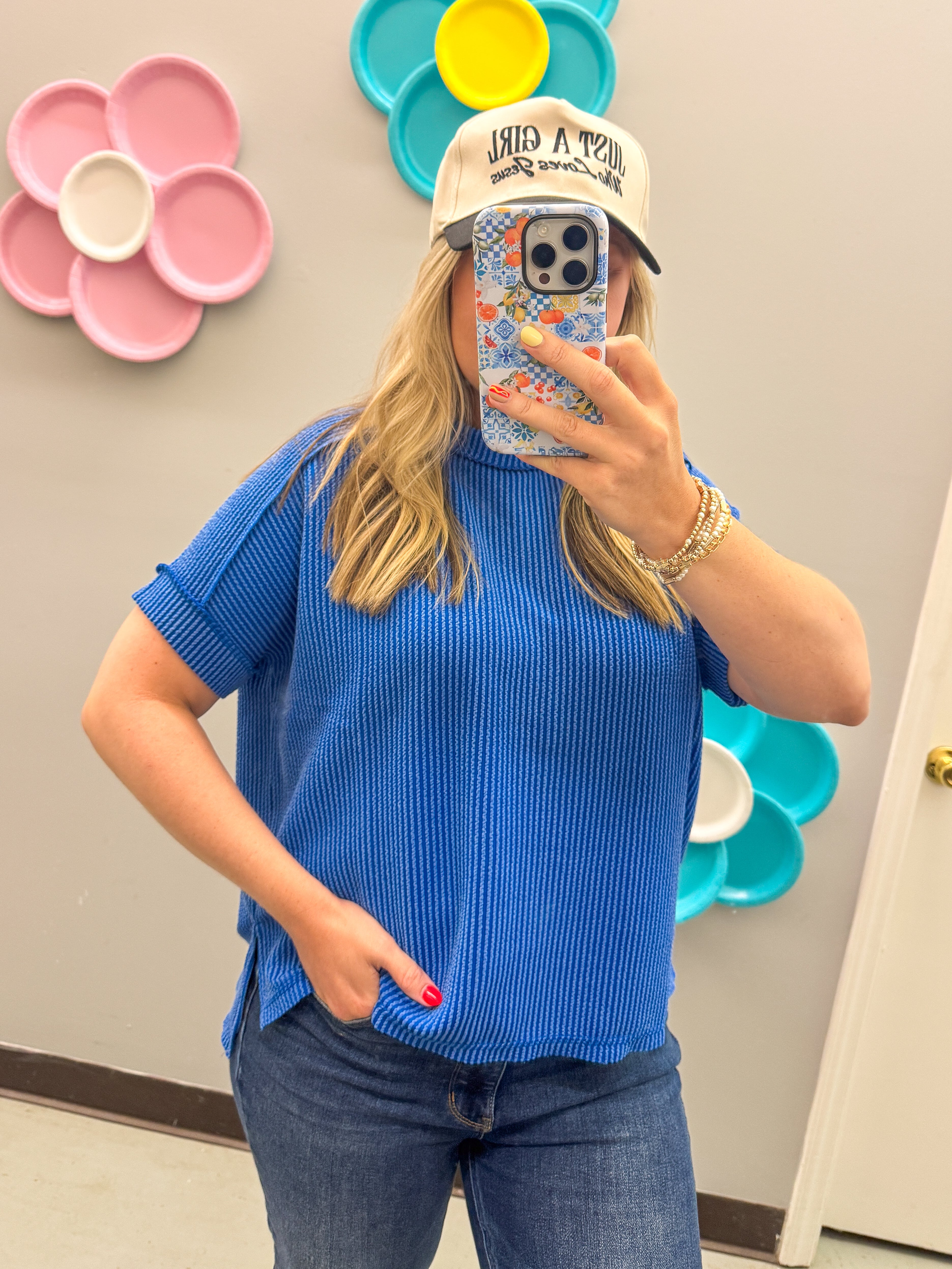 Jordan Crew Neck Ribbed Top, Bright Blue