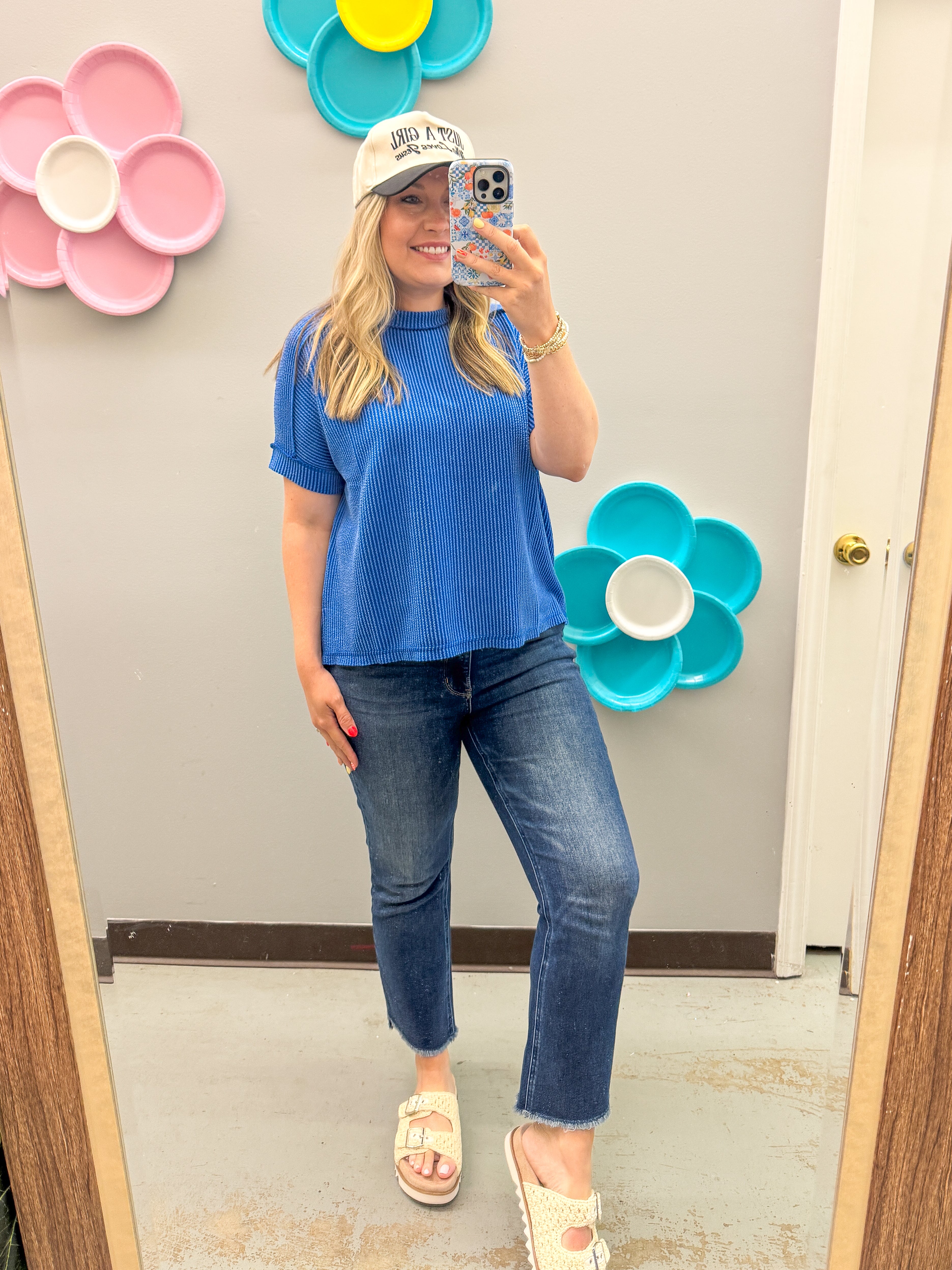Jordan Crew Neck Ribbed Top, Bright Blue