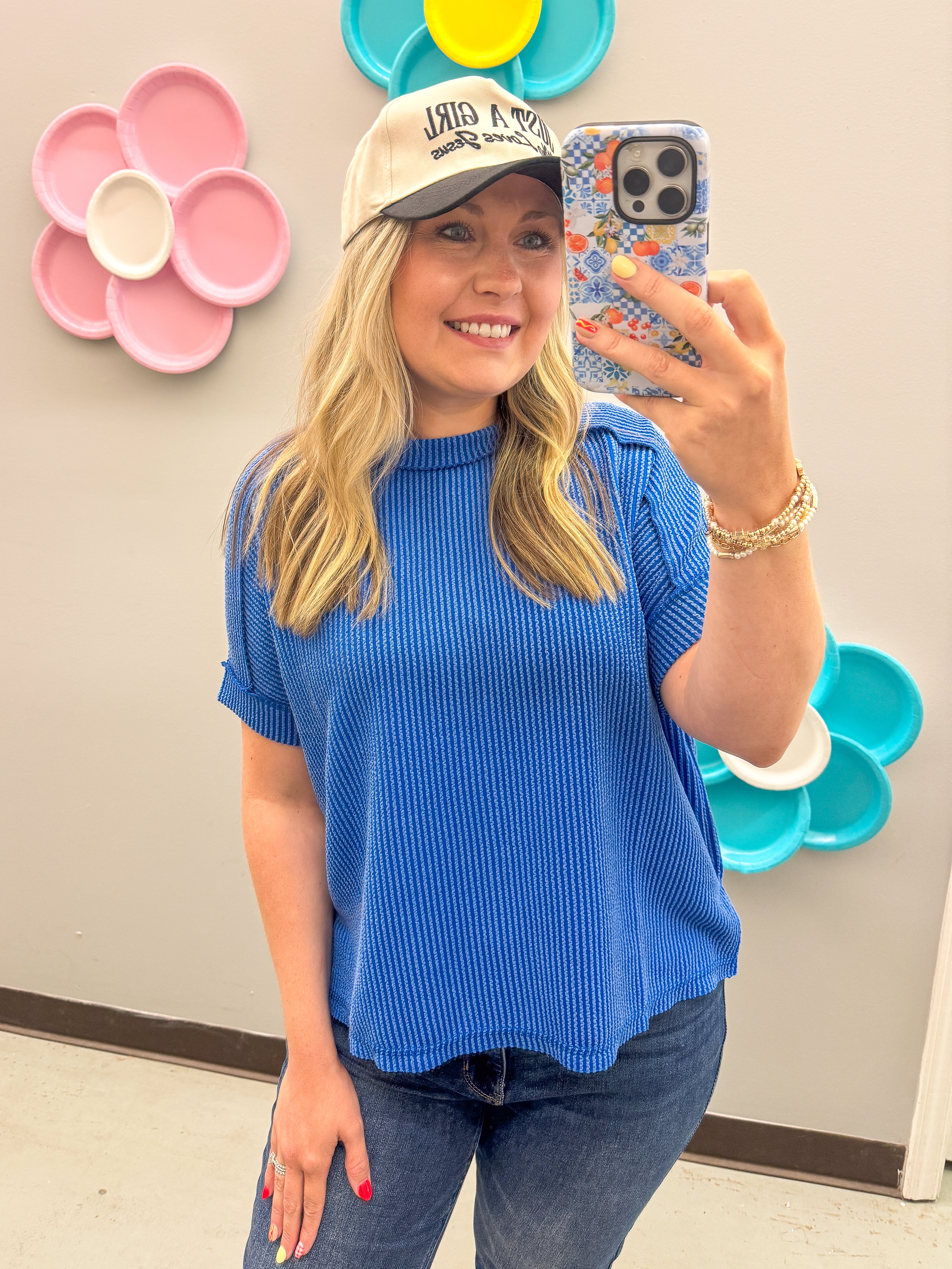 Jordan Crew Neck Ribbed Top, Bright Blue