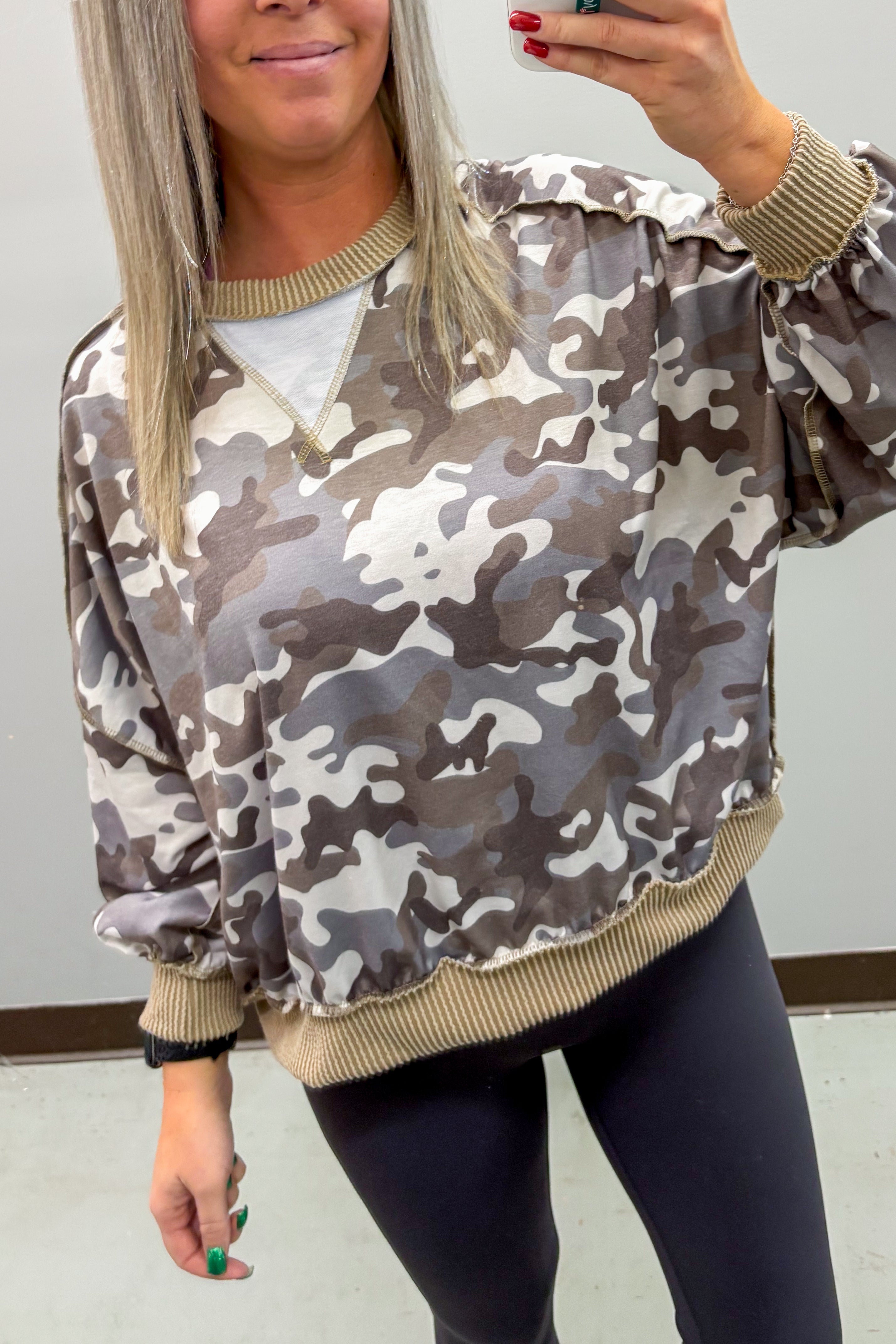 Hiding Out Camo Pullover Top