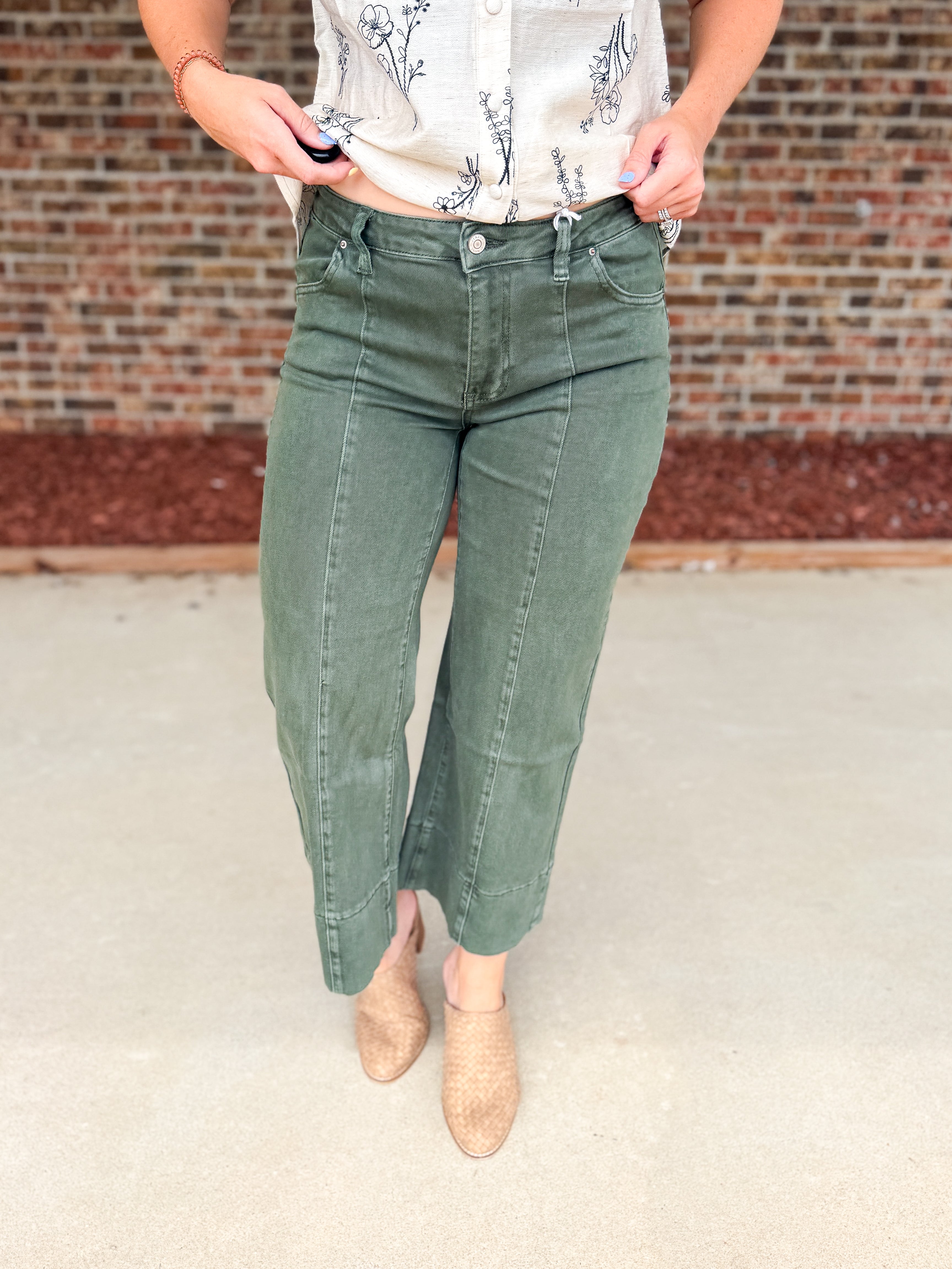 Zenana Mid Rise Wide Leg Color Denim Pants, Dark Olive
