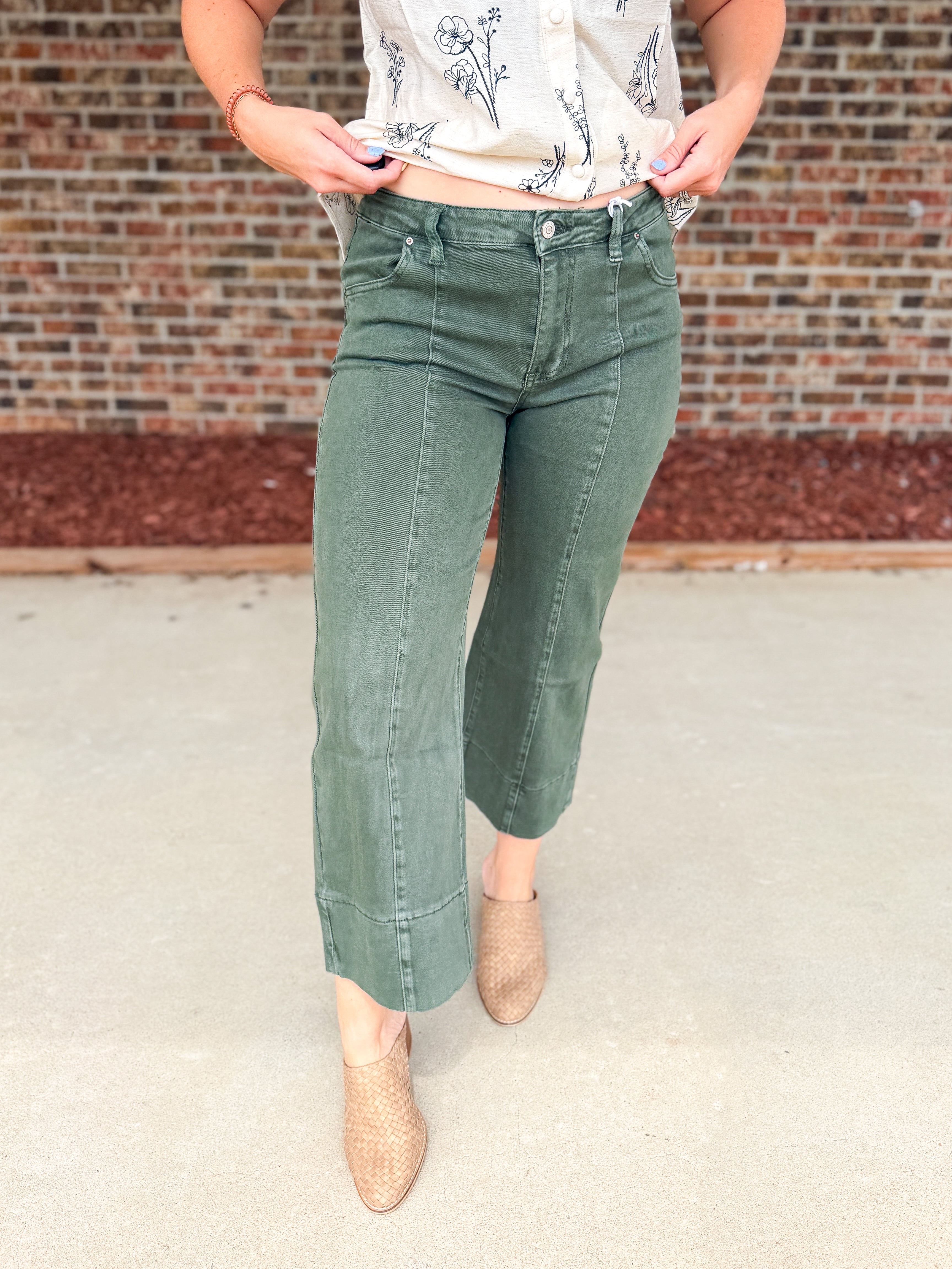 Zenana Mid Rise Wide Leg Color Denim Pants, Dark Olive