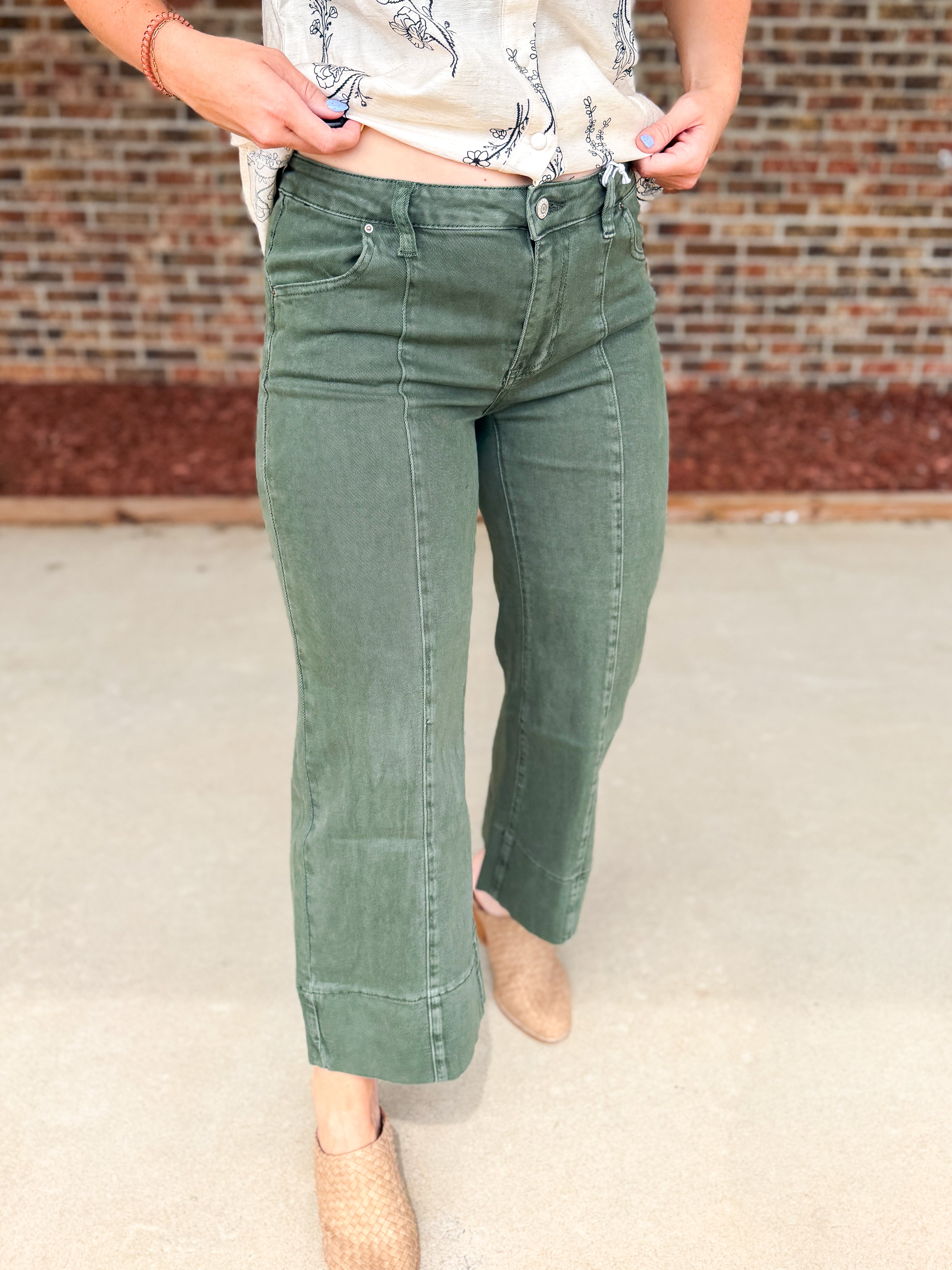 Zenana Mid Rise Wide Leg Color Denim Pants, Dark Olive | Sew