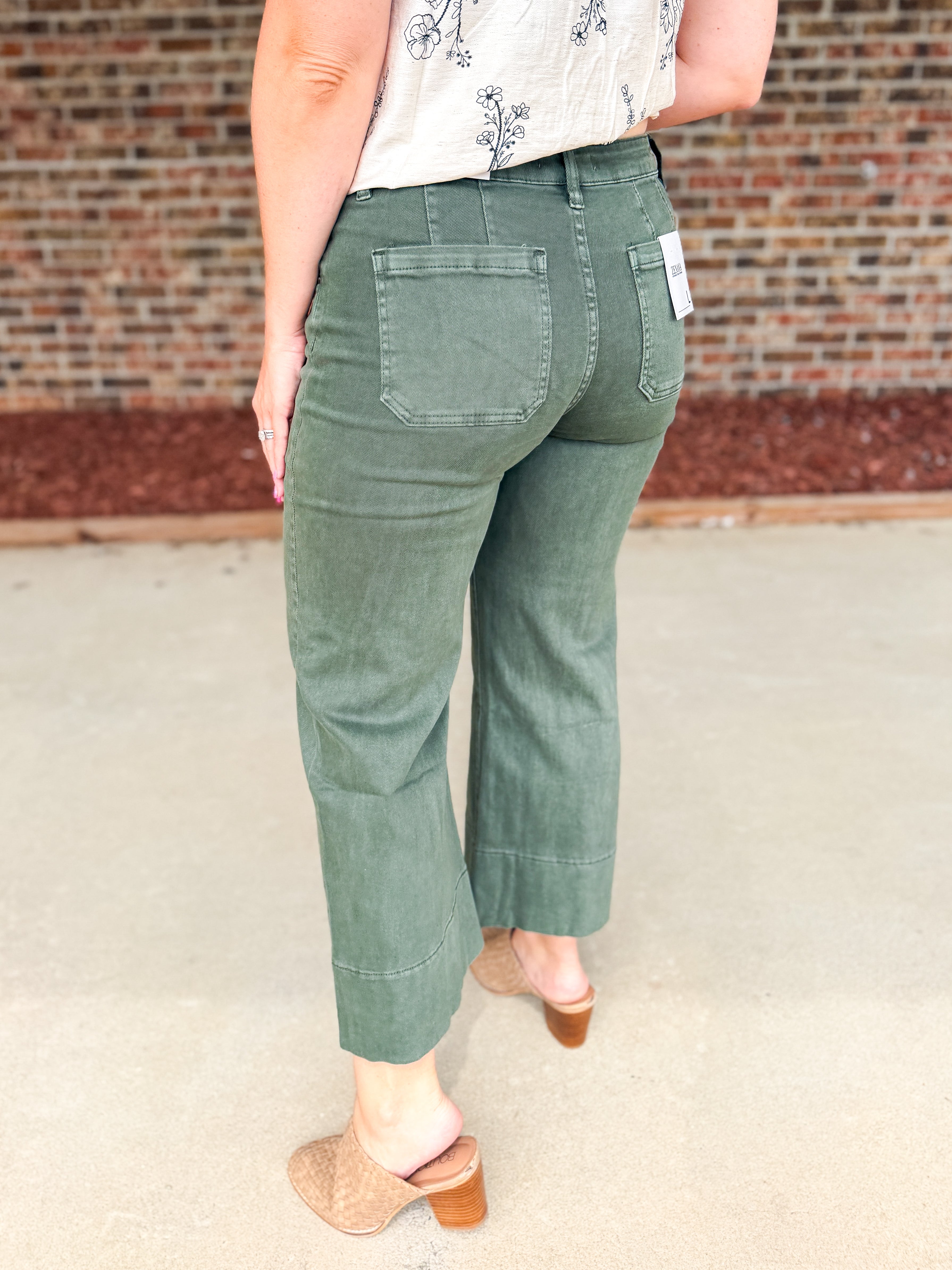 Zenana Mid Rise Wide Leg Color Denim Pants, Dark Olive
