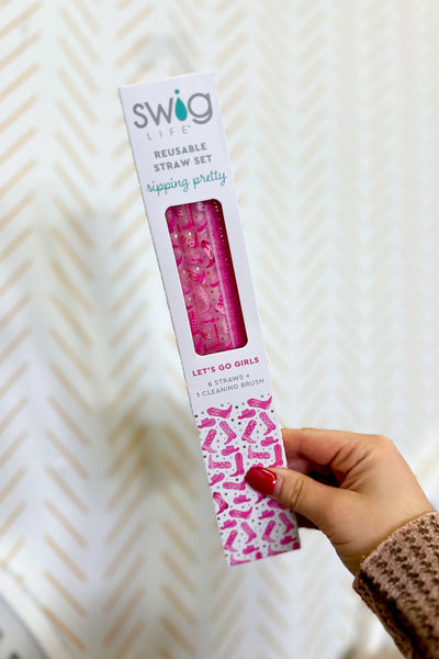 Swig Let's Go Girls + Pink Glitter Reusable Straw Set