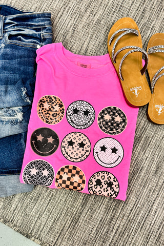 Inspired Multi Happy Face Graphic Tee, Neon Pink