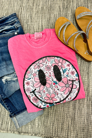 Floral Happy Face Graphic Tee, Crunchberry