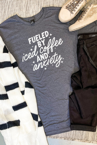 Fueled By Iced Coffee and Anxiety Graphic Tee, Charcoal