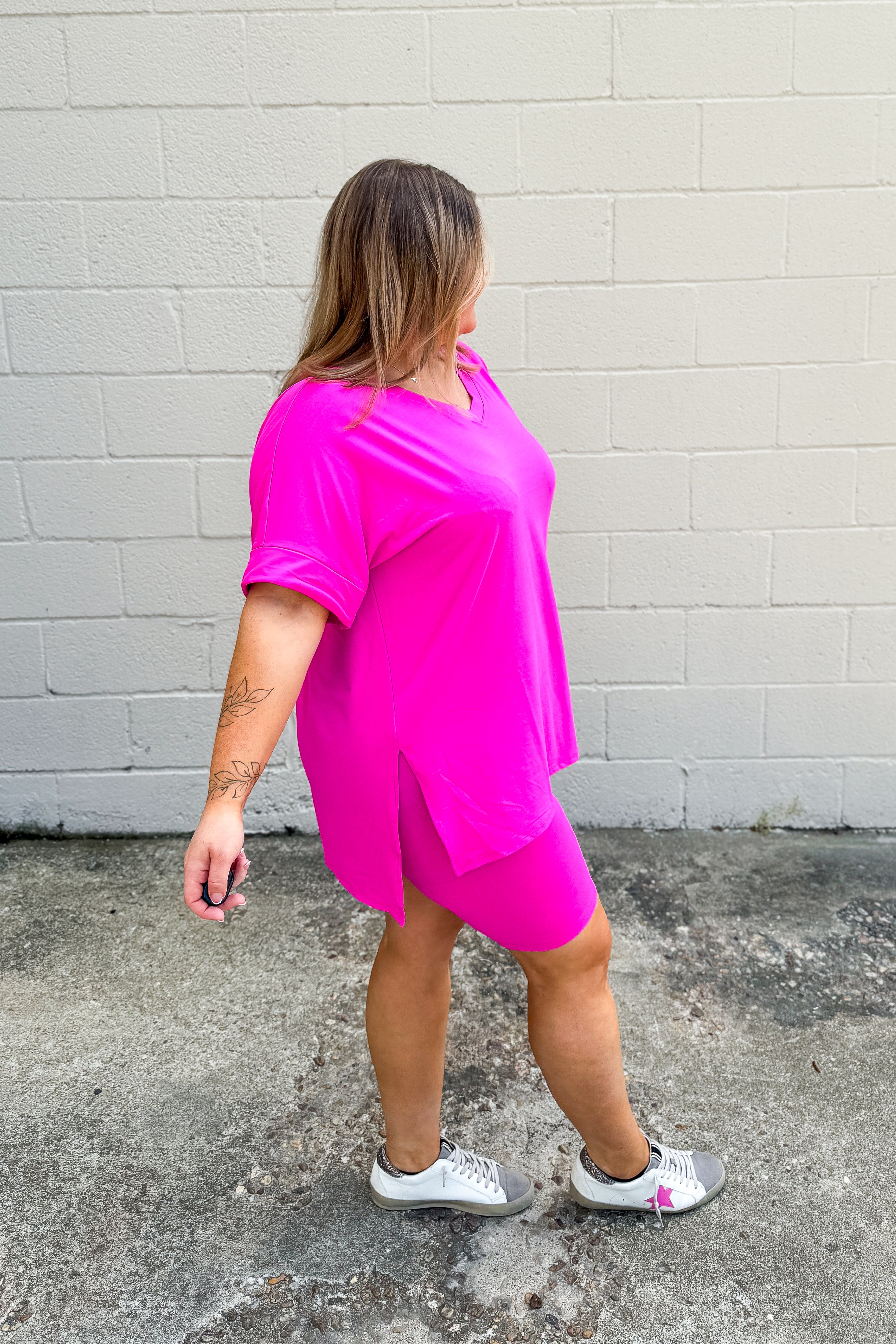 Gotta Get Going Biker Short Set, Neon Hot Pink
