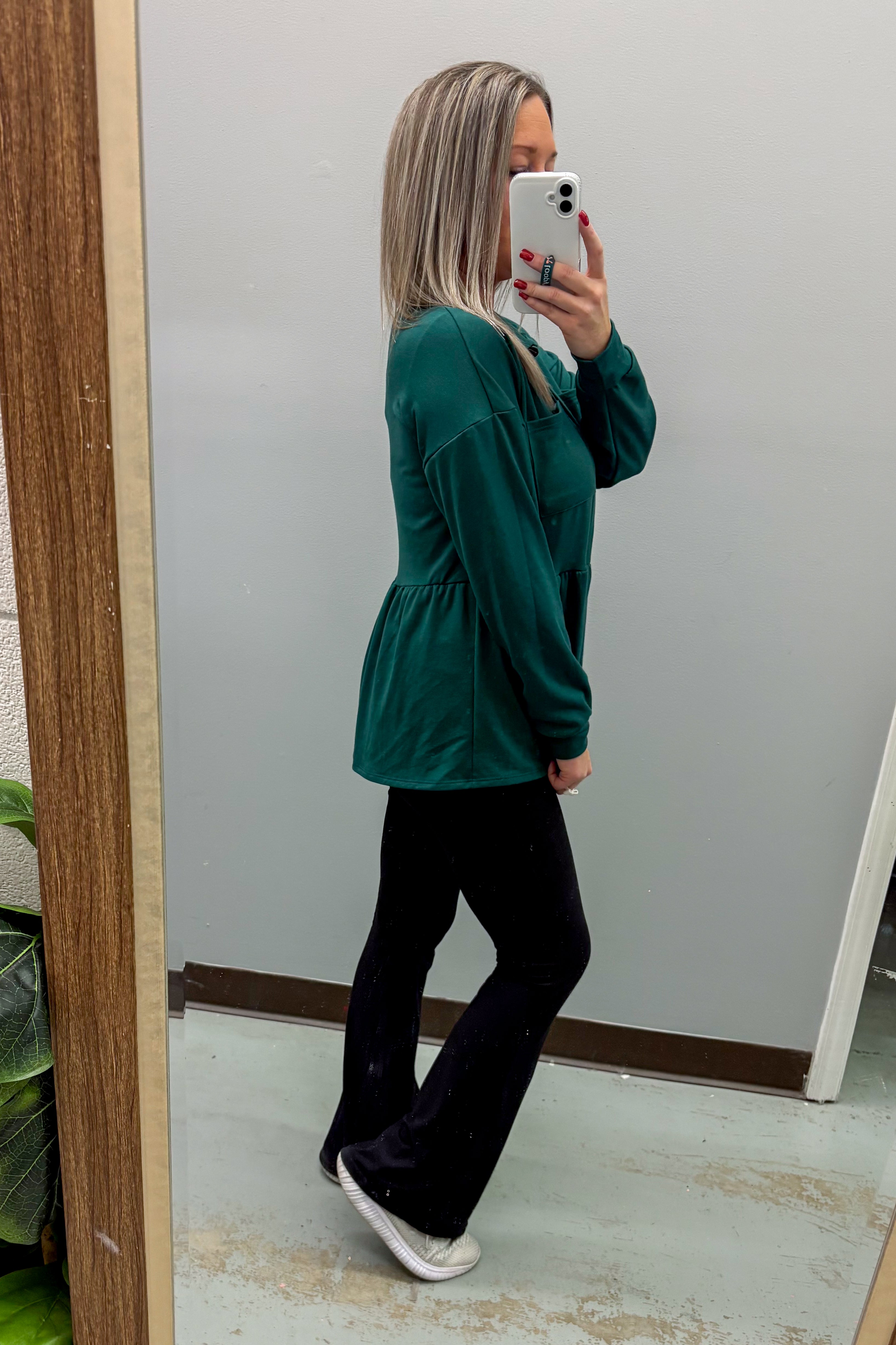 Make My Day Peplum Button Down Top, Hunter Green