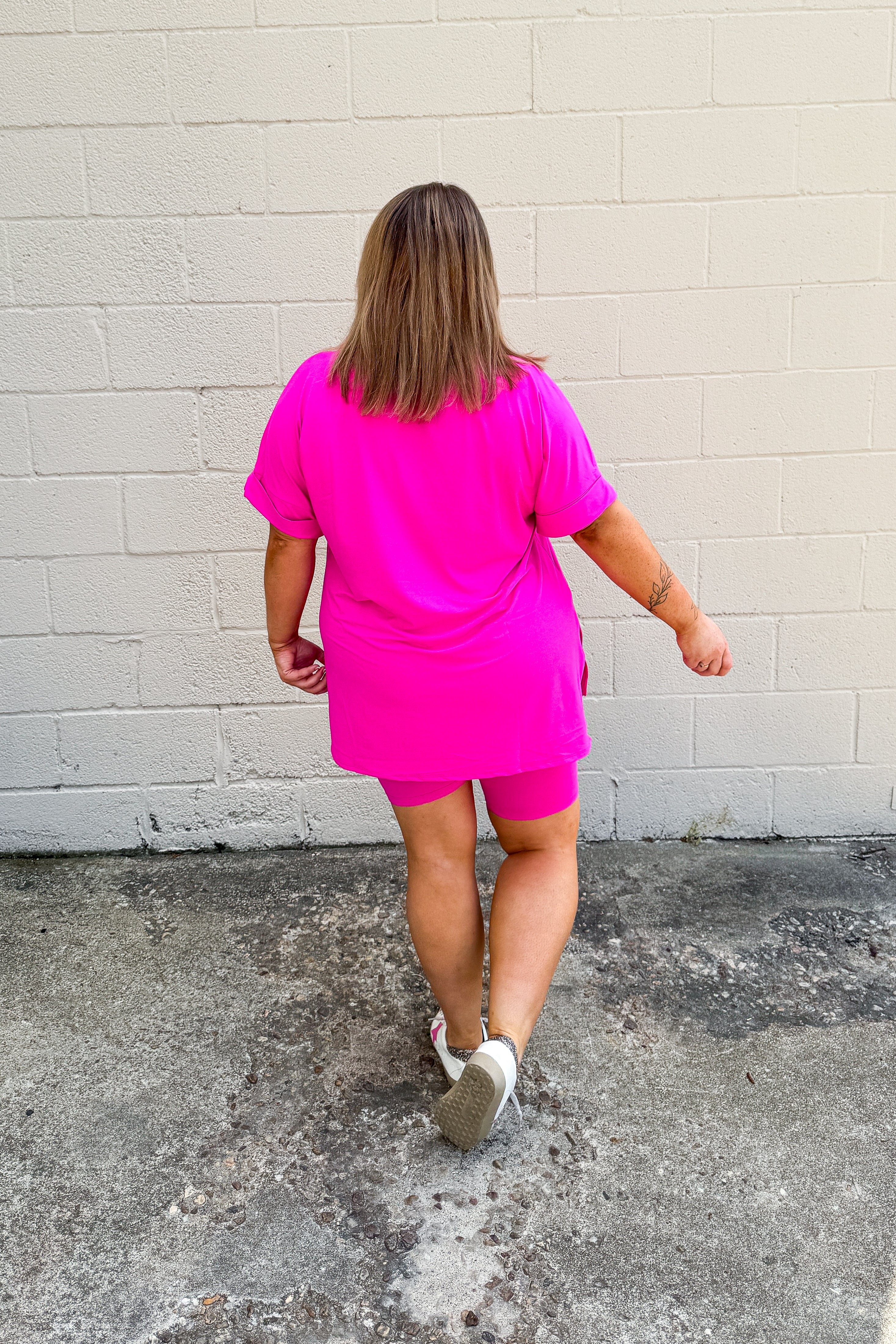 Gotta Get Going Biker Short Set, Neon Hot Pink