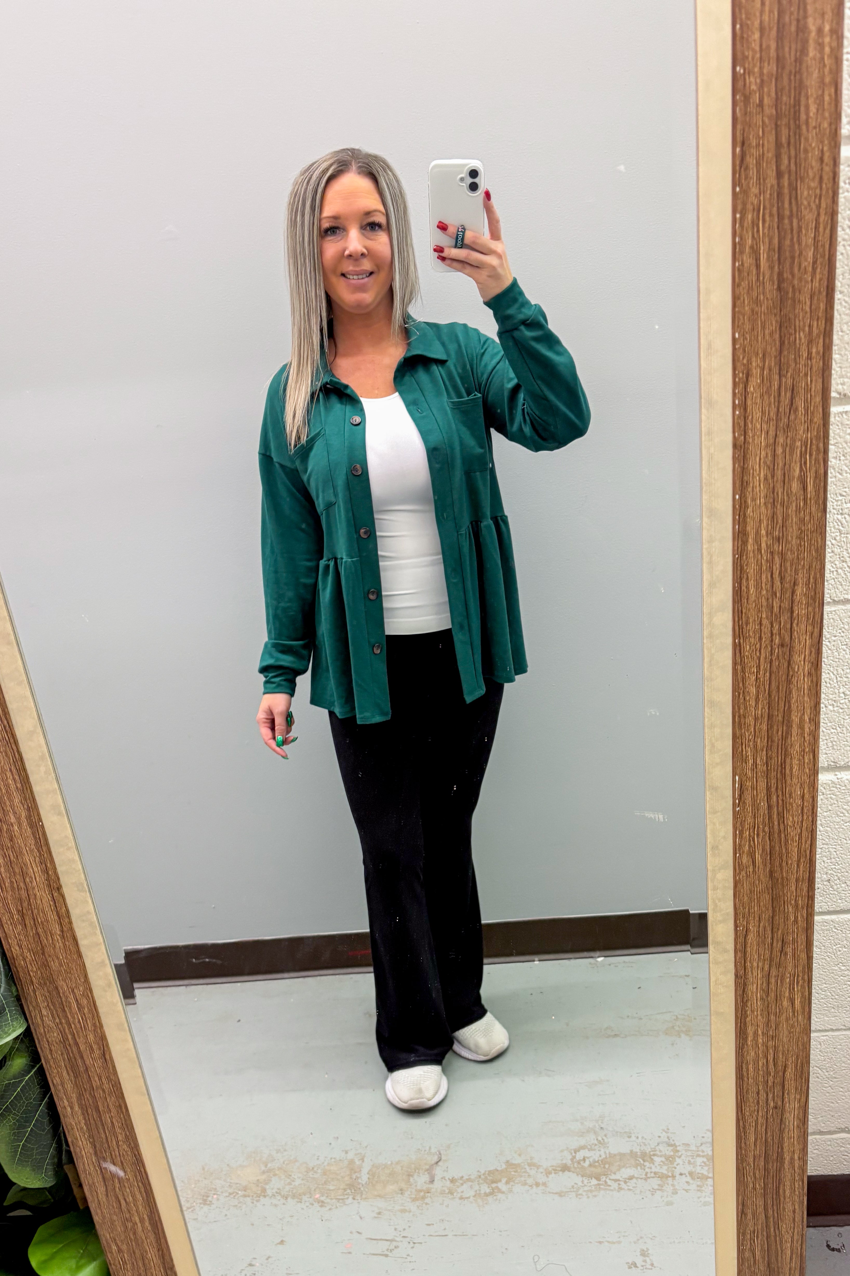 Make My Day Peplum Button Down Top, Hunter Green