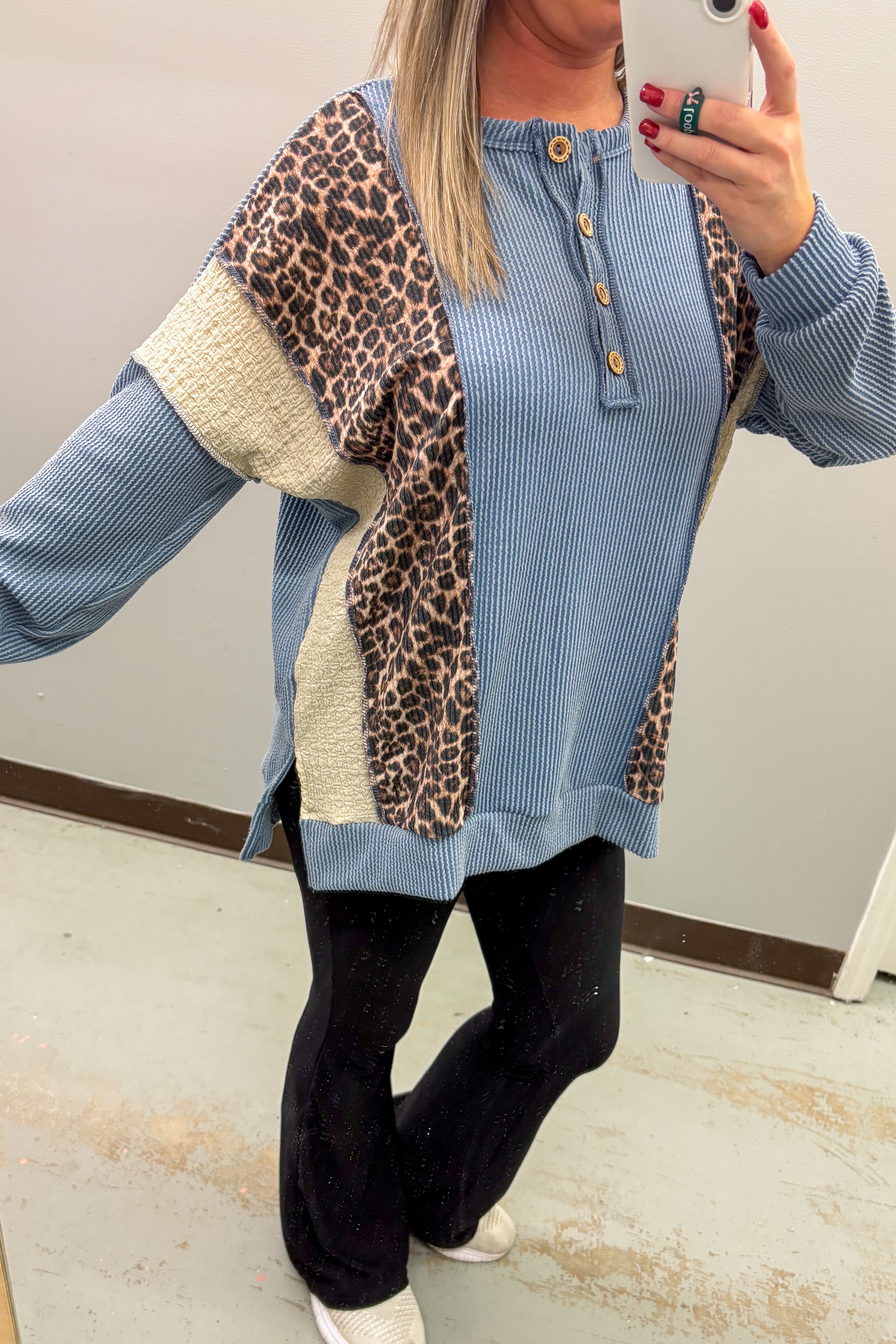 Blue Ridge Leopard Henly Pullover Top