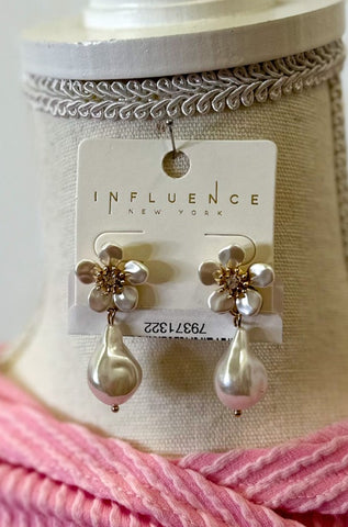 Pearl Drop Earrings With Pearl Flower Posts