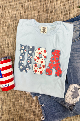 USA Floral Letters Graphic Tee, Chambray