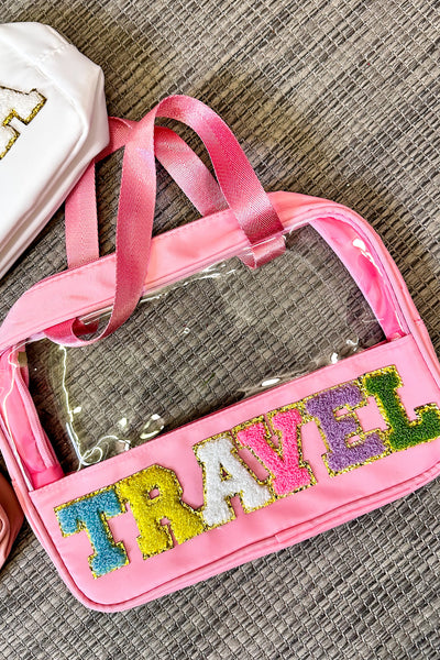 Chenille Travel Letter Patch Clear Makeup Bag With Straps, Pink