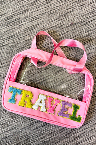 Chenille Travel Letter Patch Clear Makeup Bag With Straps, Pink