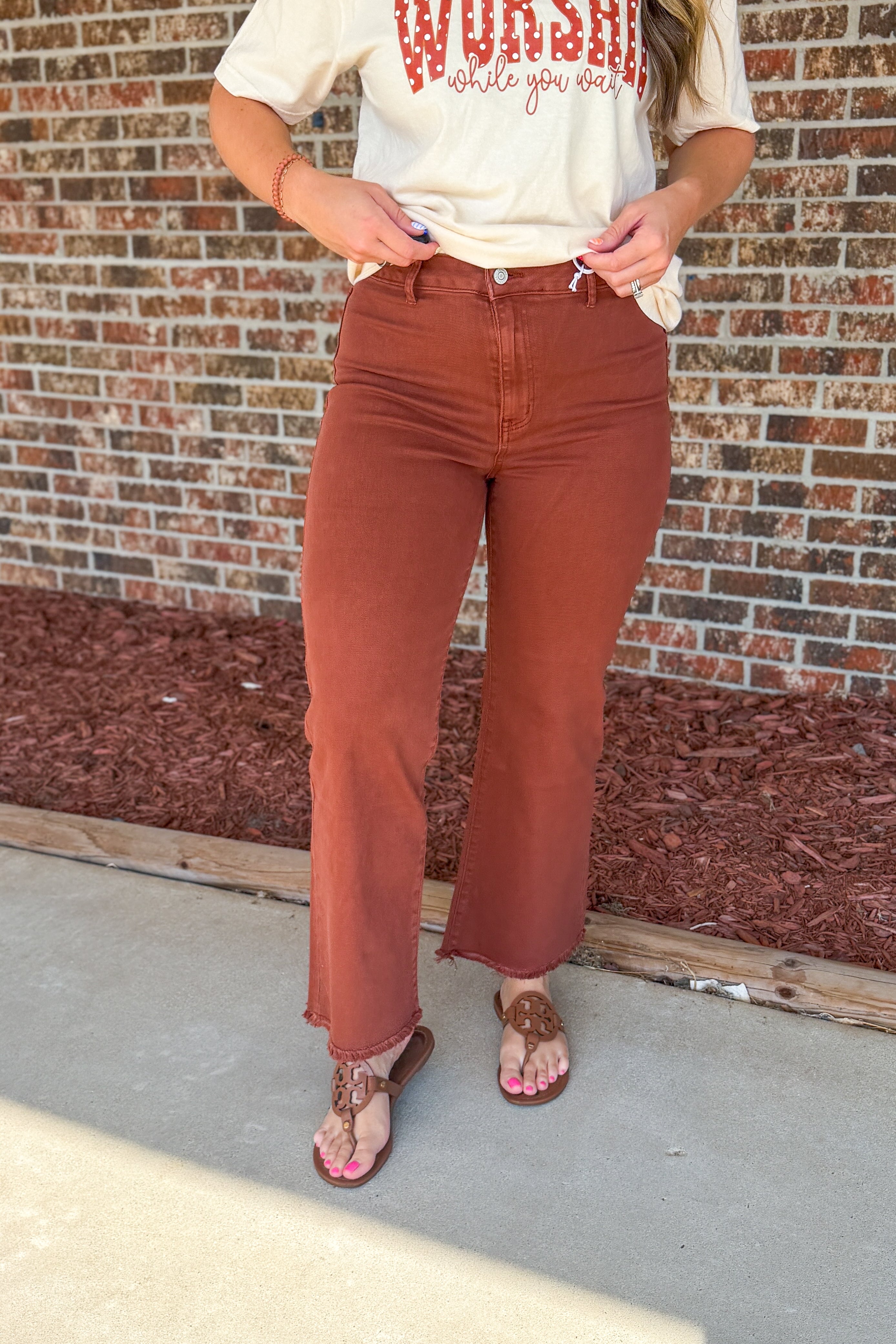 Zenana Frayed Hem Colored Denim Pants, Dark Rust