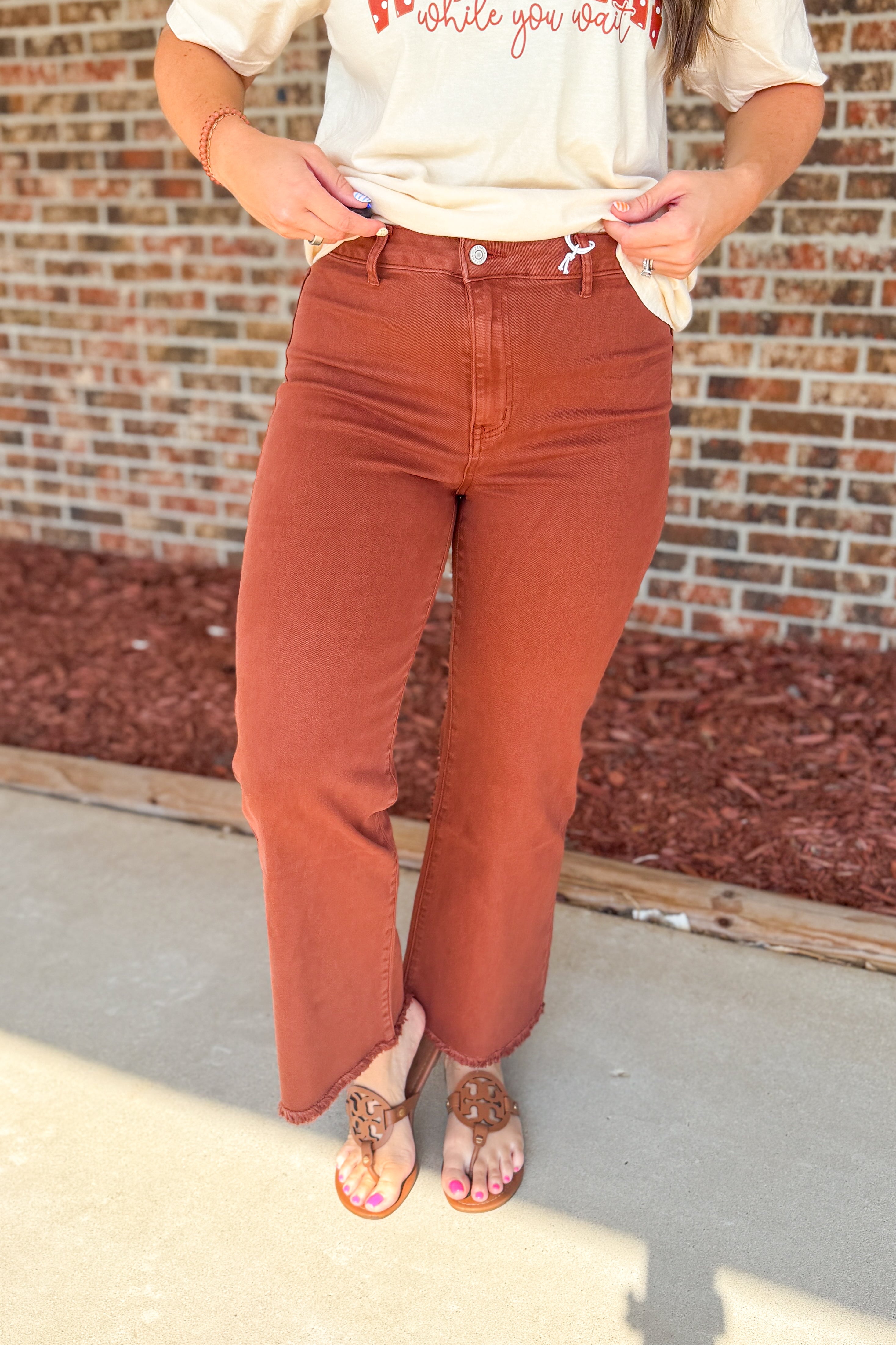 Zenana Frayed Hem Colored Denim Pants, Dark Rust